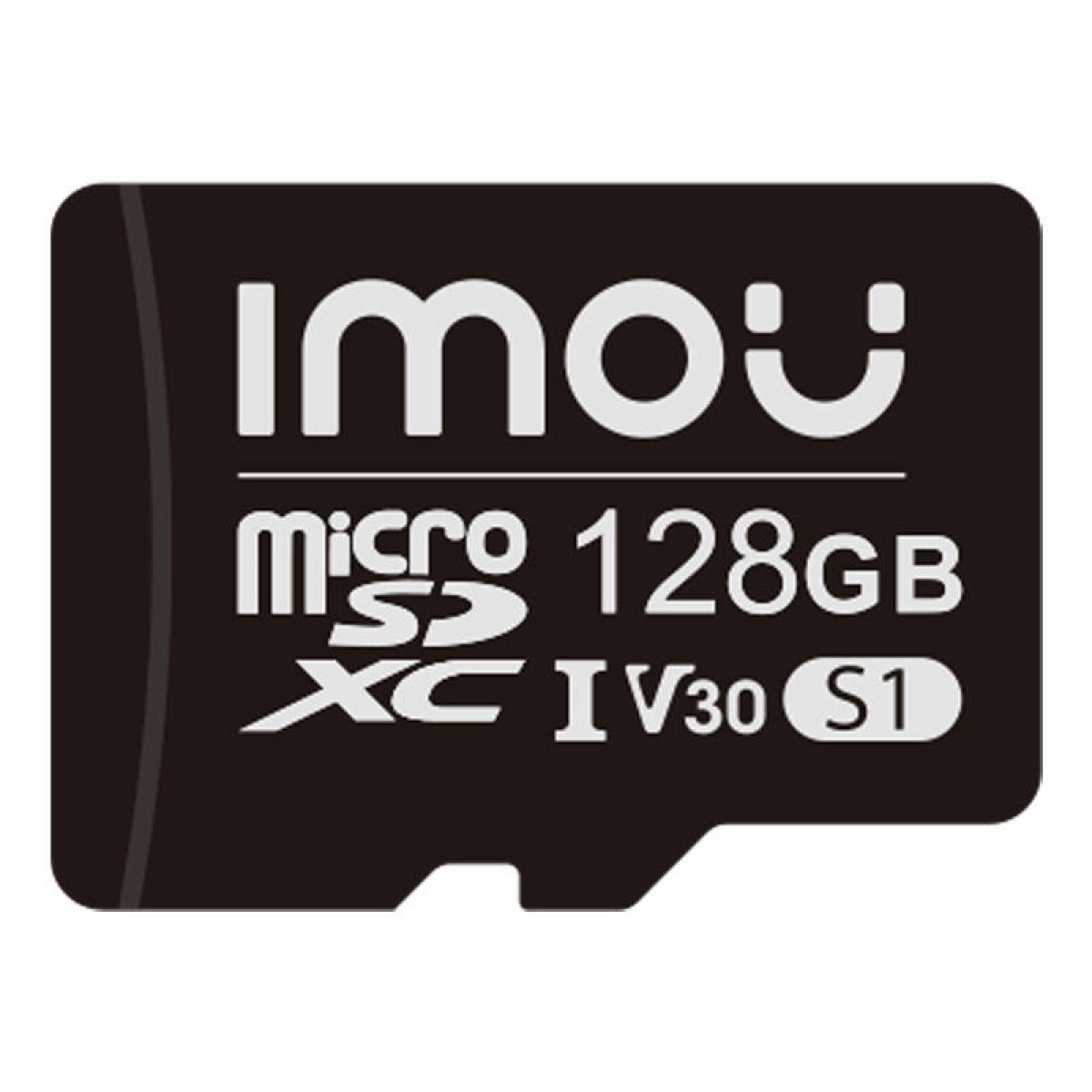 Una scheda micro SD nera con il testo bianco "IMOU micro SD 128GB XC I V30 S1" stampato sul fronte.
