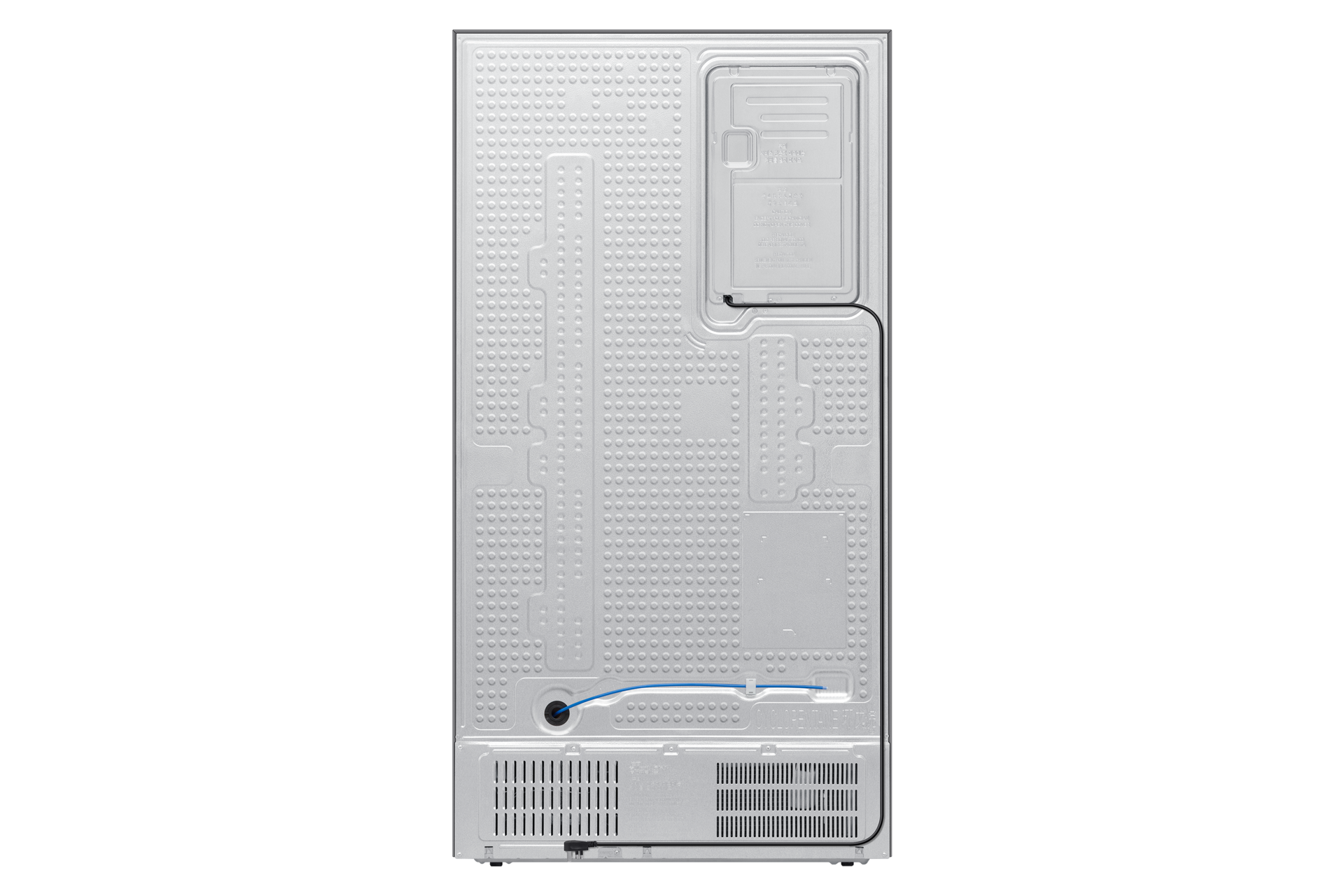 Tył białej lodówki z czarnym przewodem na czarnym tle.