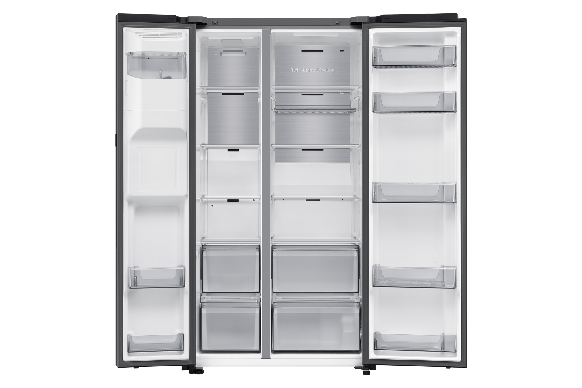 Otwarta lodówka z pustymi półkami. Wnętrze jest szare, a zewnętrzne czarne.