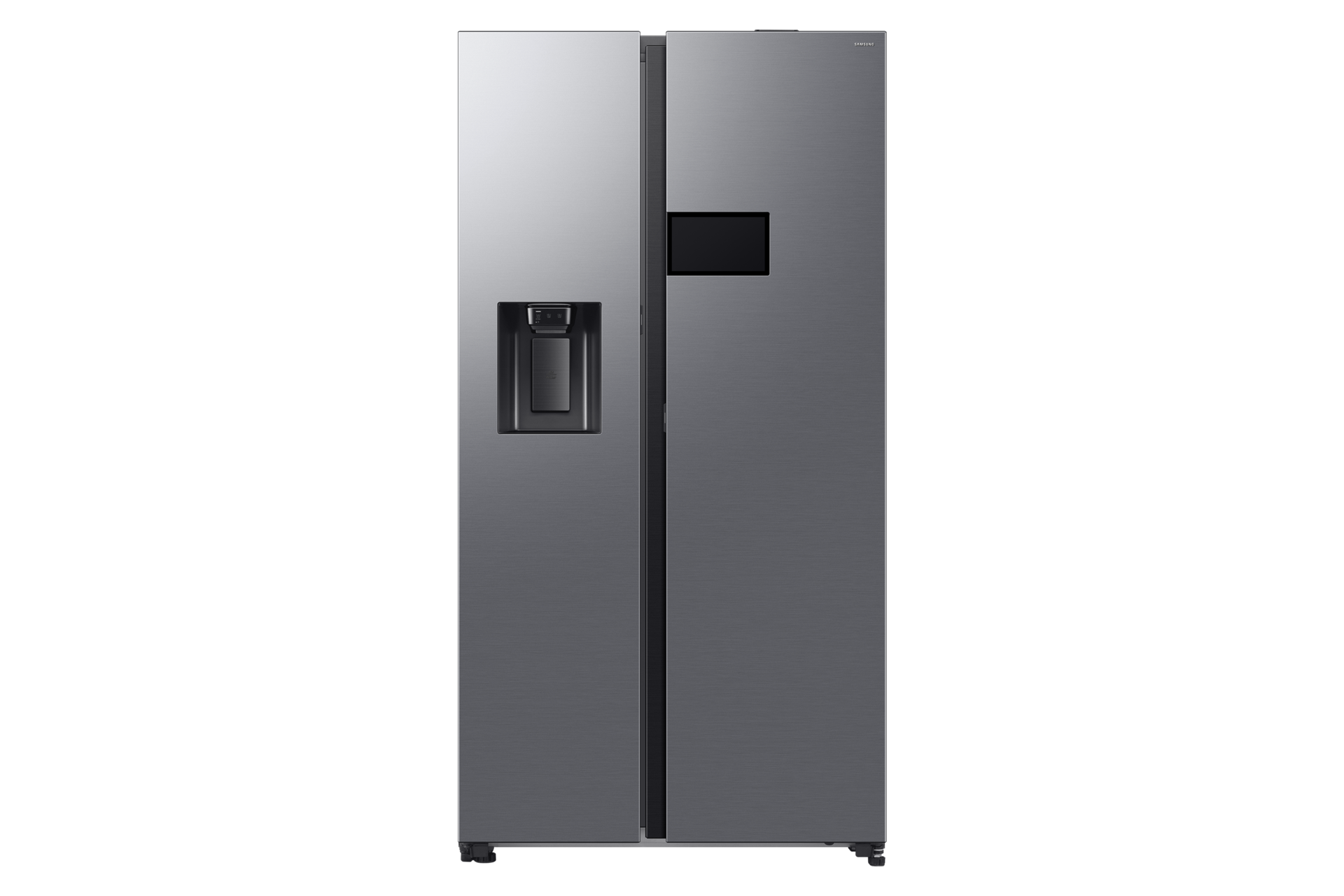 A stainless steel Samsung refrigerator with two doors. Black background.