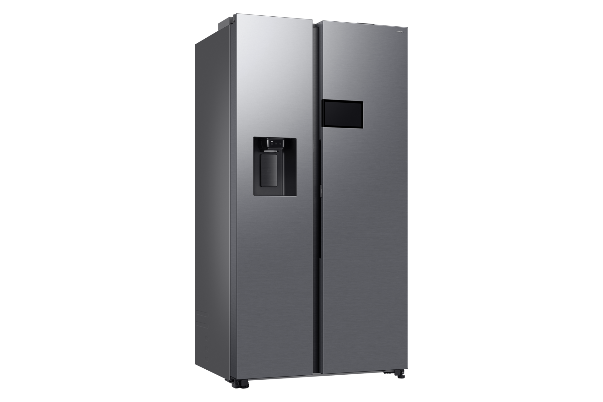 A gray, stainless steel refrigerator with two doors, a water dispenser, and a black background.