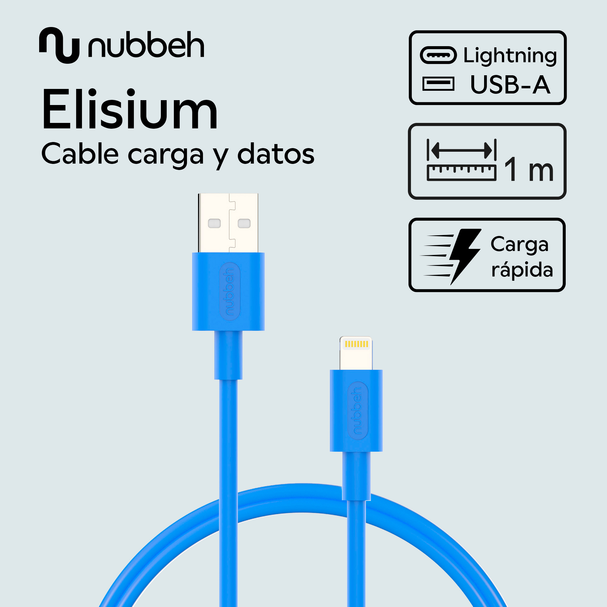Un cable USB-A a Lightning azul con embalaje que muestra sus características.