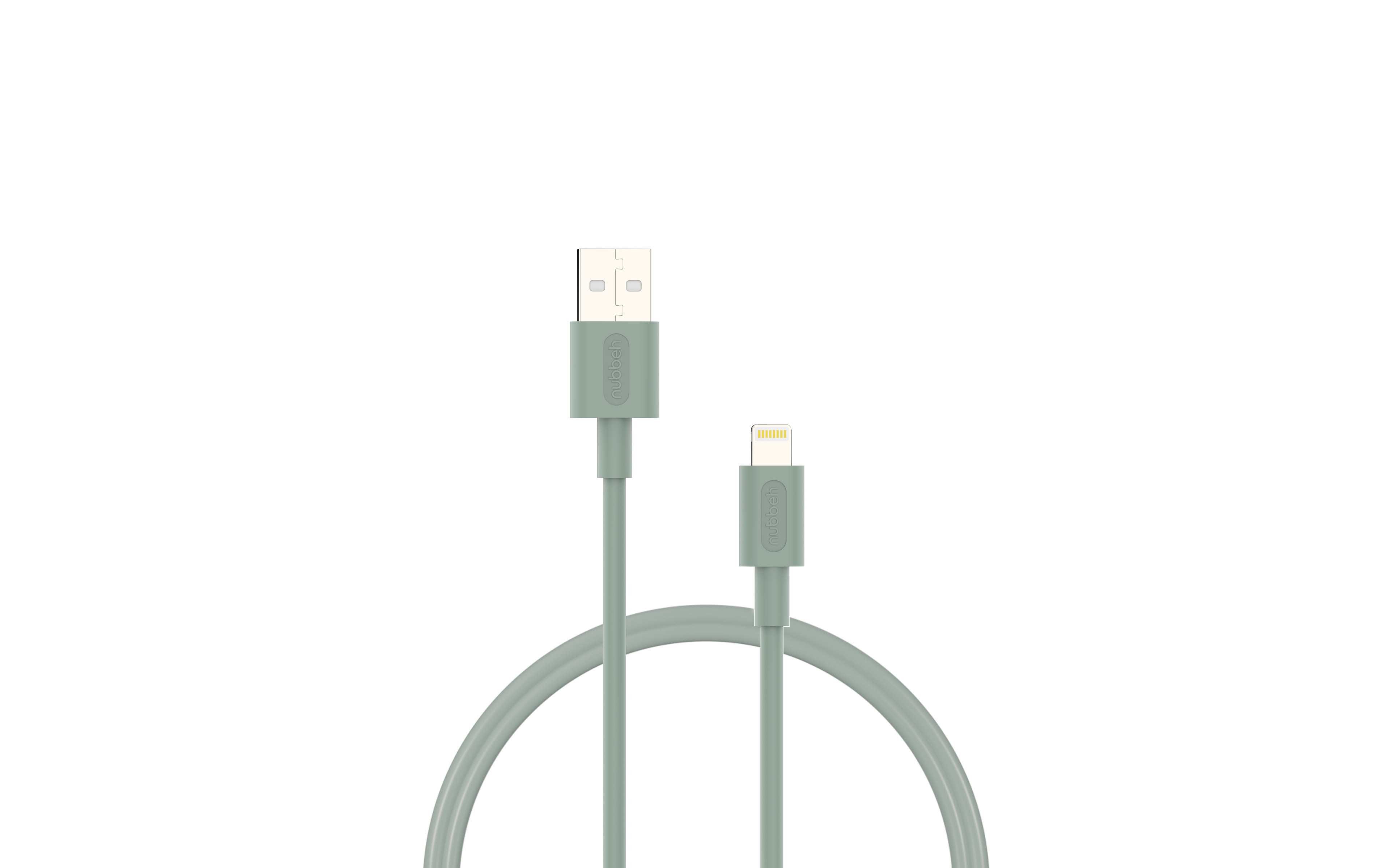 Un cable de carga verde con conector USB y Lightning sobre fondo blanco.