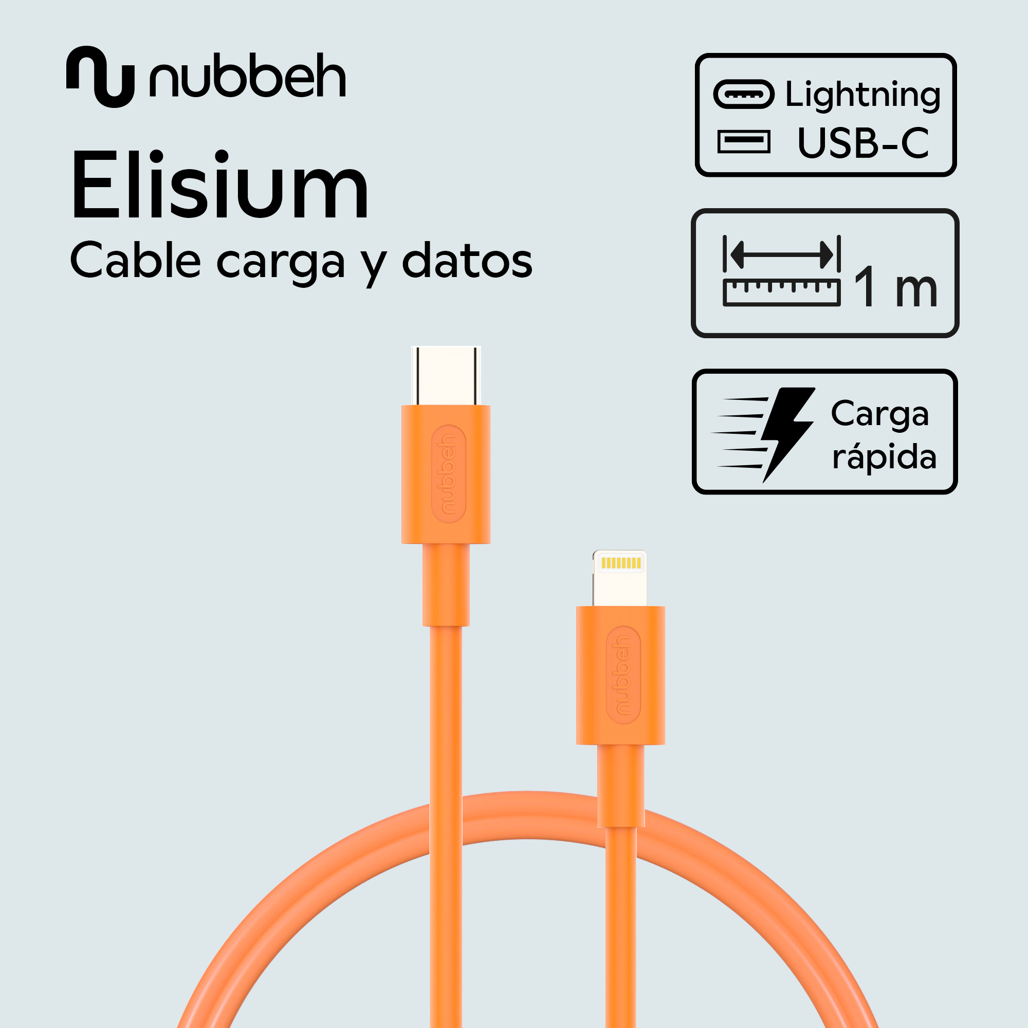 Cable de carga naranja con conectores USB-C y Lightning, enrollado, sobre fondo azul claro.