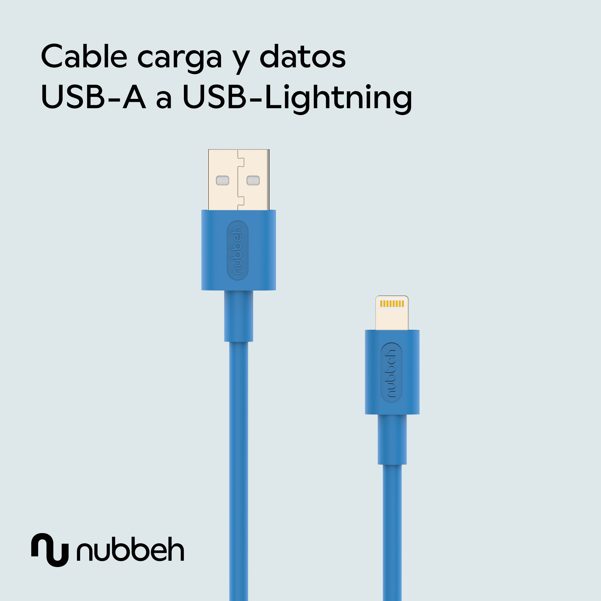 Cable azul USB-A a USB-Lightning. El cable tiene un conector USB-A y un conector USB-Lightning.