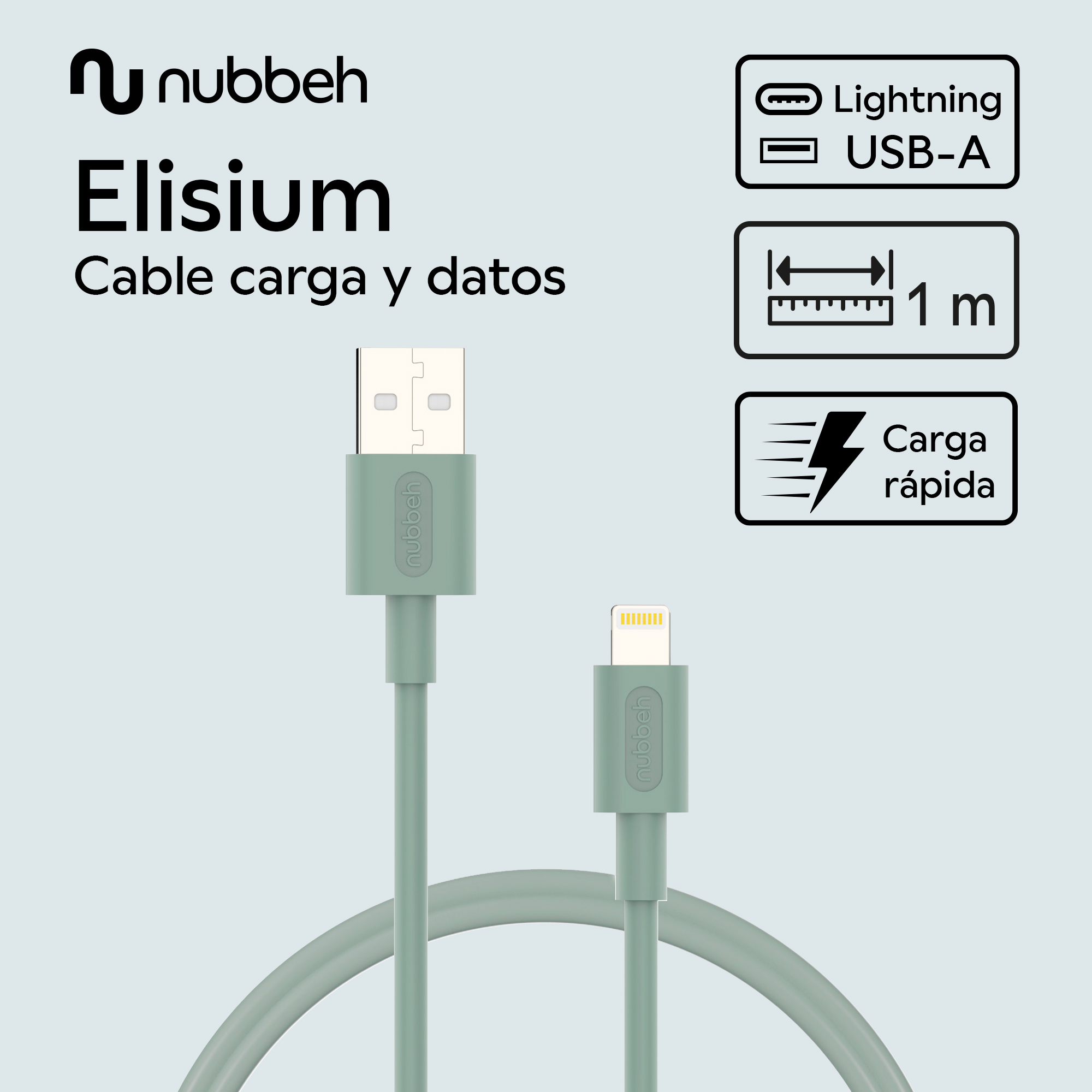 Cable verde con conectores USB-A y Lightning, con iconos de carga y datos.