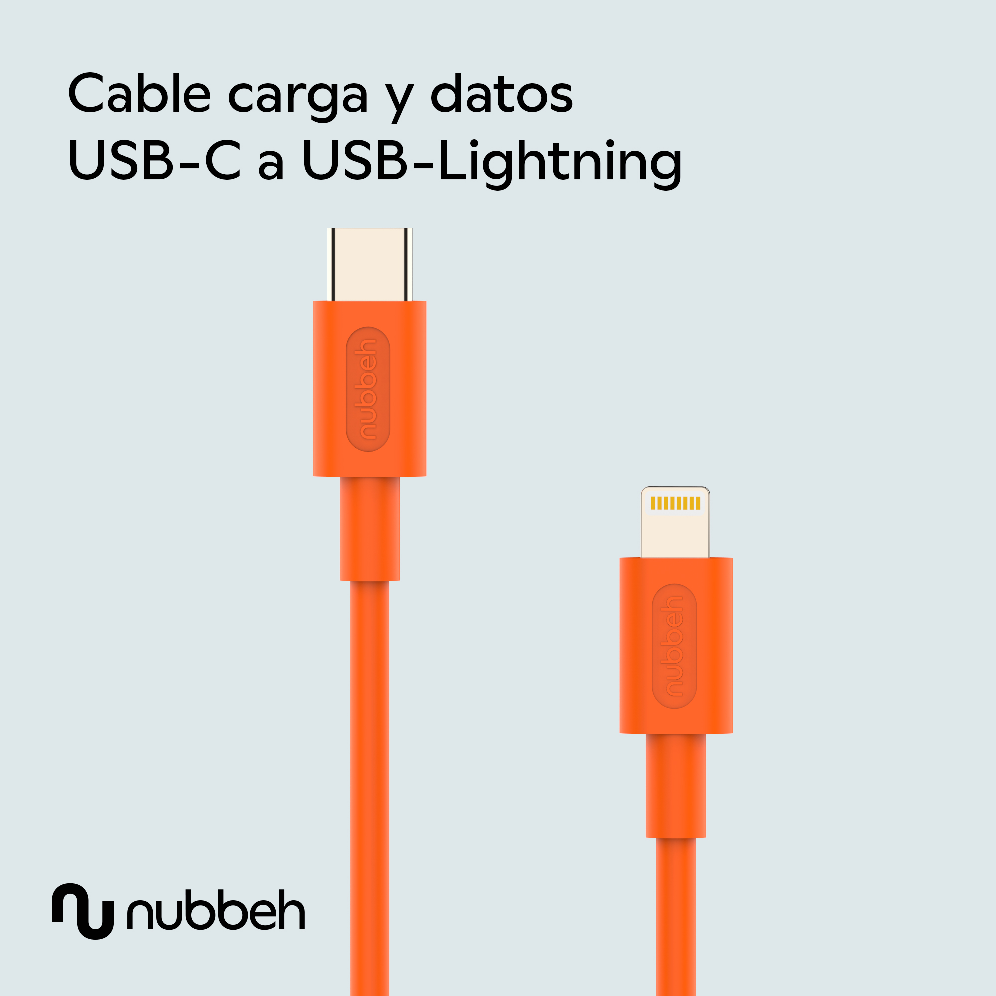 Cable de carga naranja USB-C a Lightning. Los conectores están claramente etiquetados con logotipos.