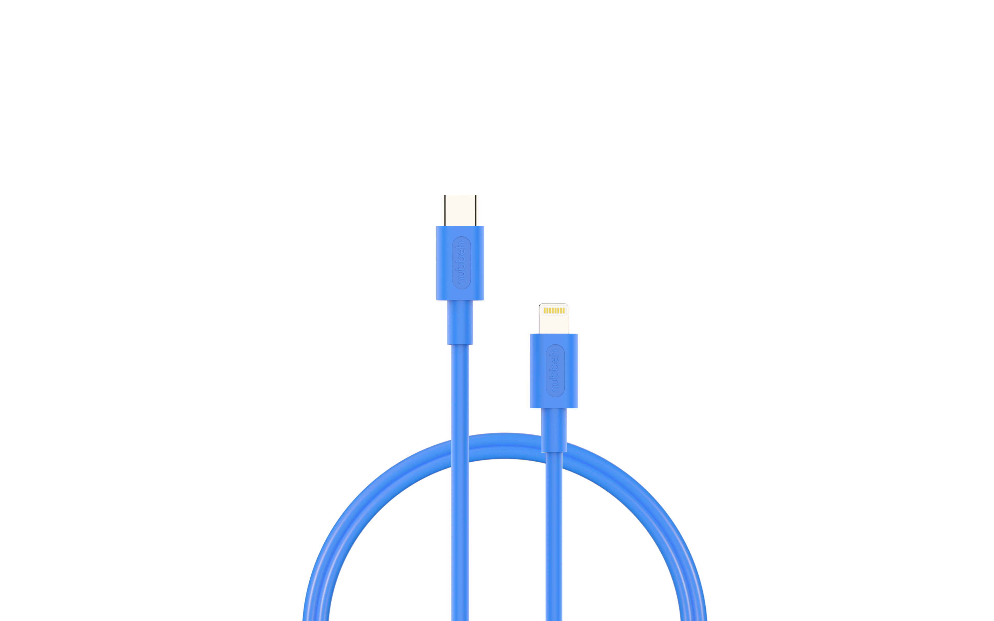 Un cable de carga azul con un conector USB-C y Lightning sobre un fondo blanco.