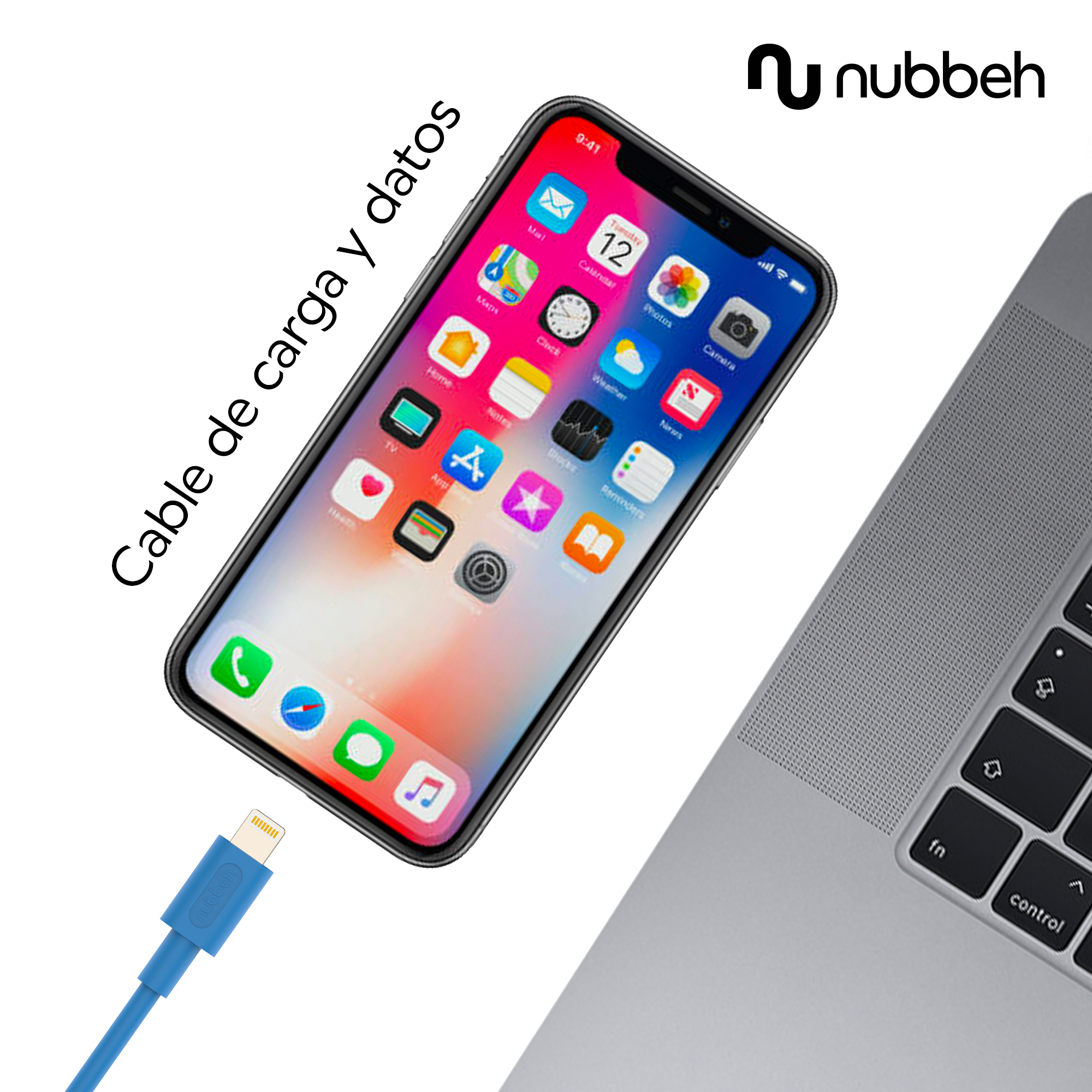 Smartphone conectado a un portátil mediante un cable de carga azul. Texto: 'Cable de carga y datos'.
