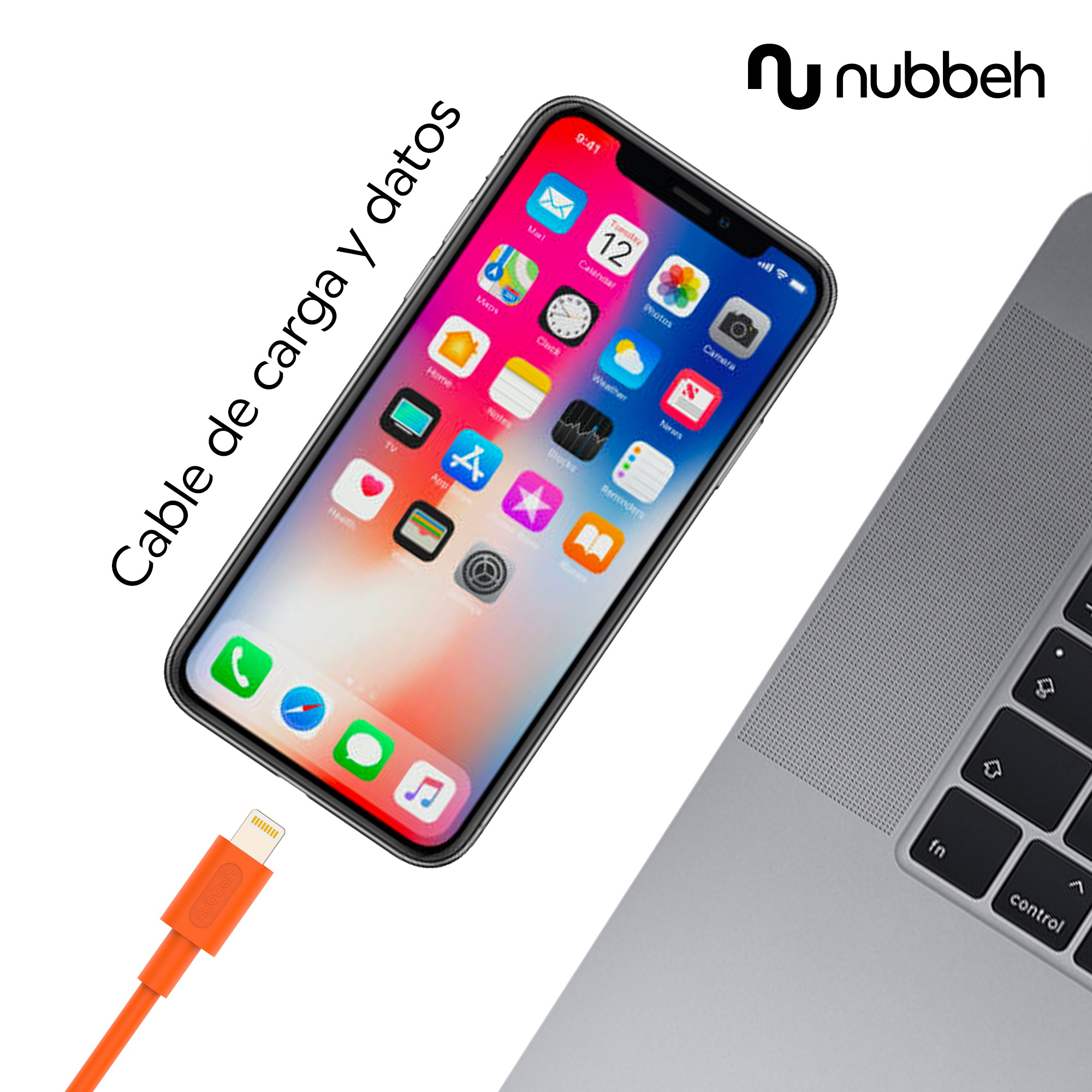 Un teléfono conectado a un portátil con un cable de carga naranja.
