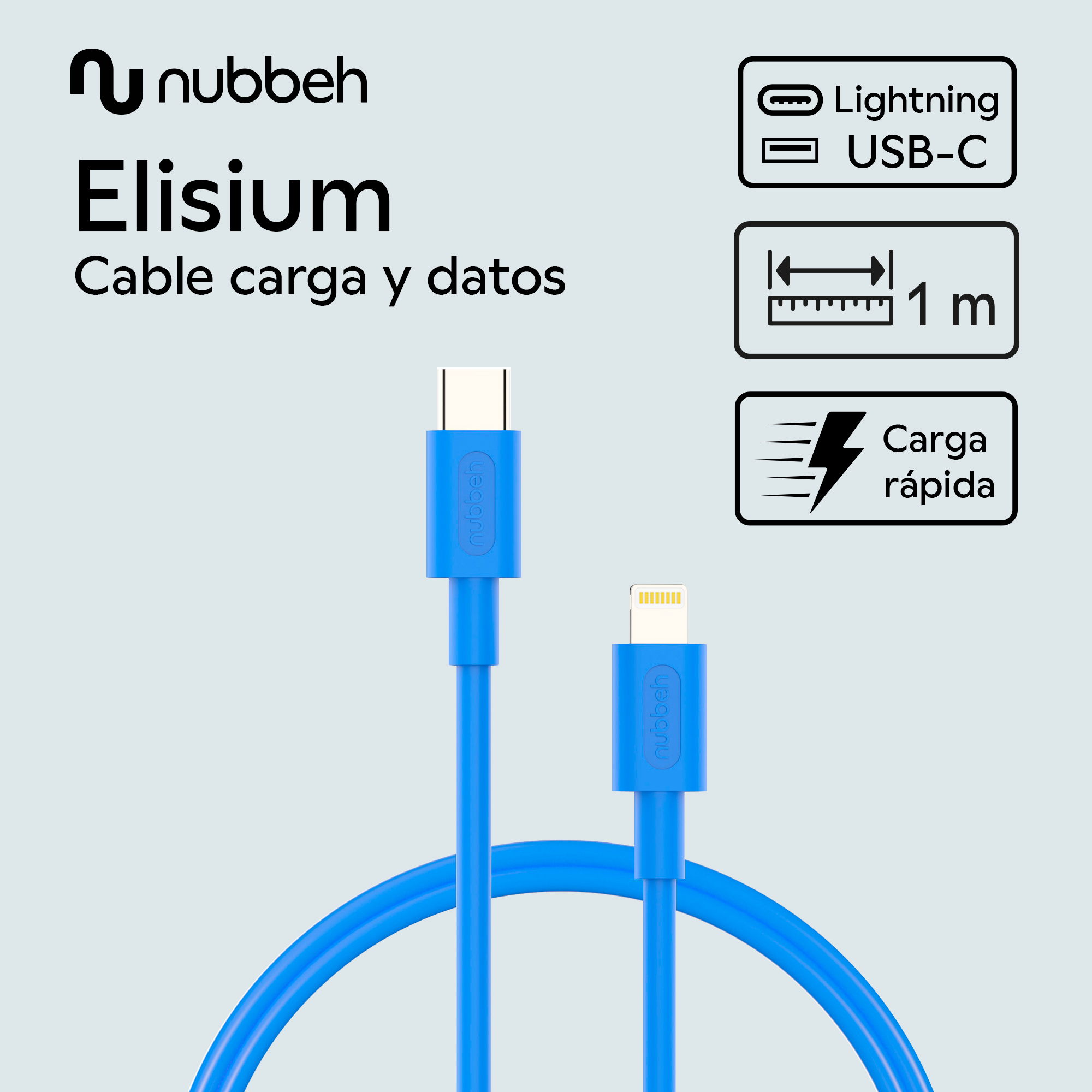 Cable Nubbeh azul con conectores Lightning y USB-C. Indica carga rápida y 1m de longitud.