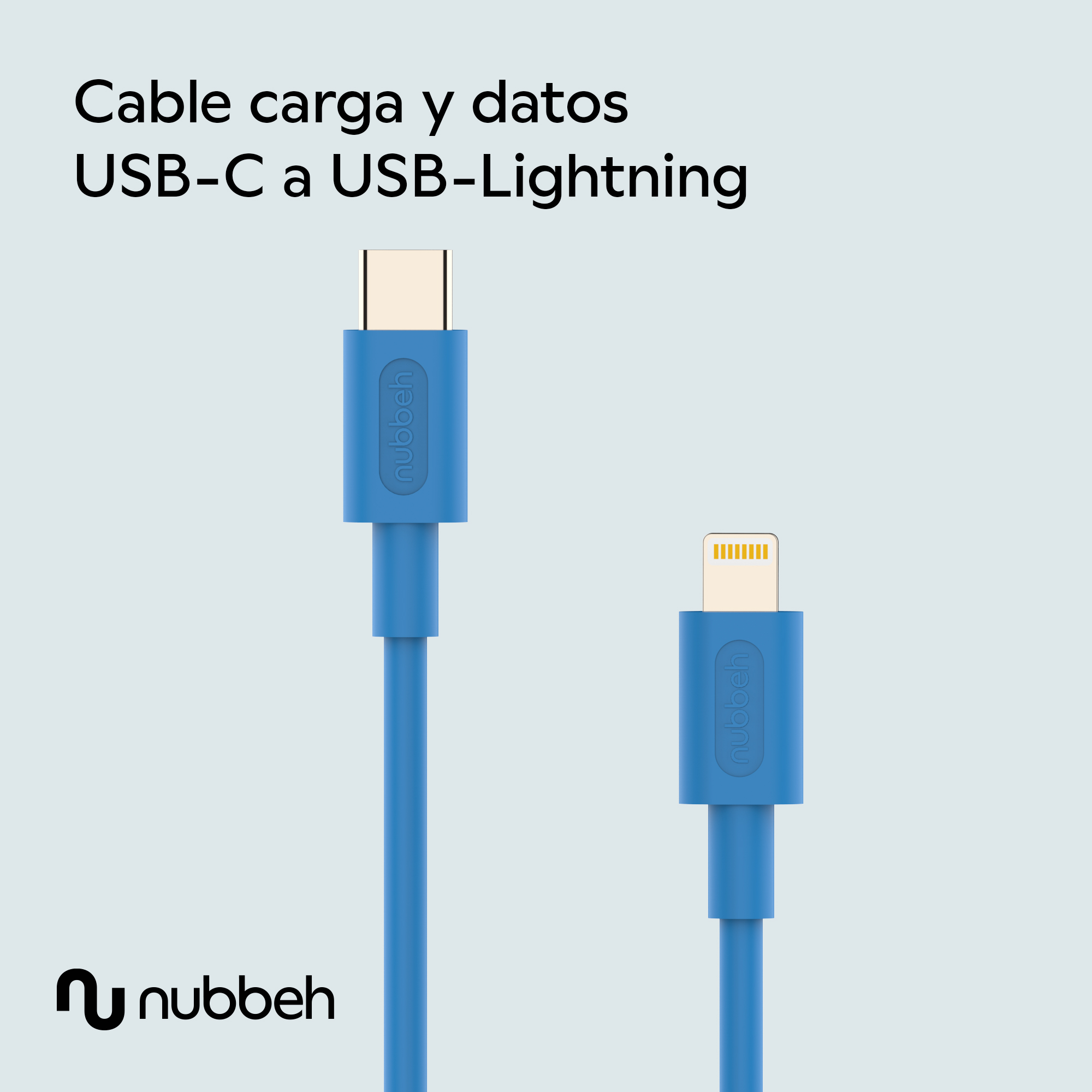 Un cable azul USB-C a Lightning sobre un fondo azul claro.