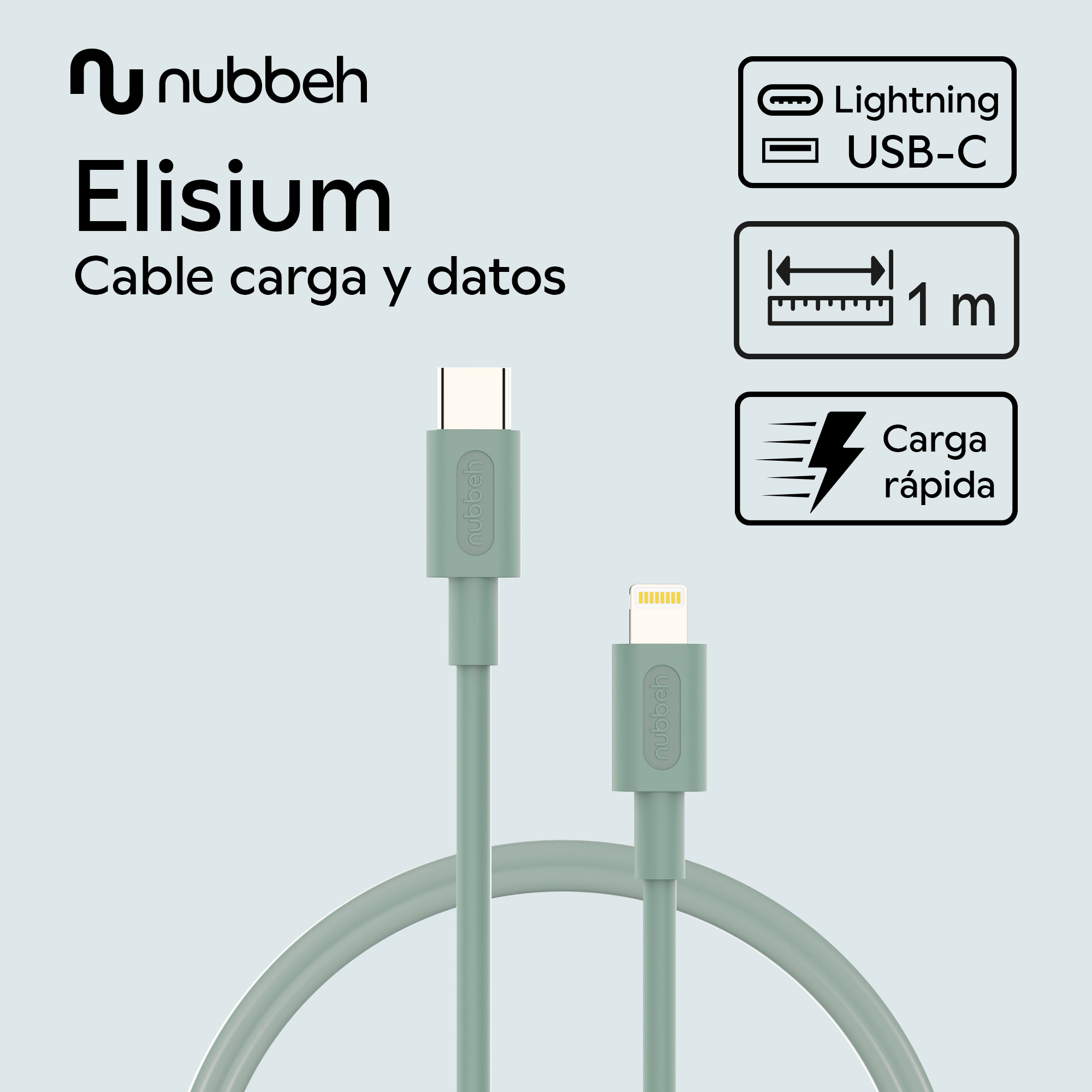 Cable verde con conectores USB-C y Lightning. El embalaje tiene texto e iconos sobre el cable.