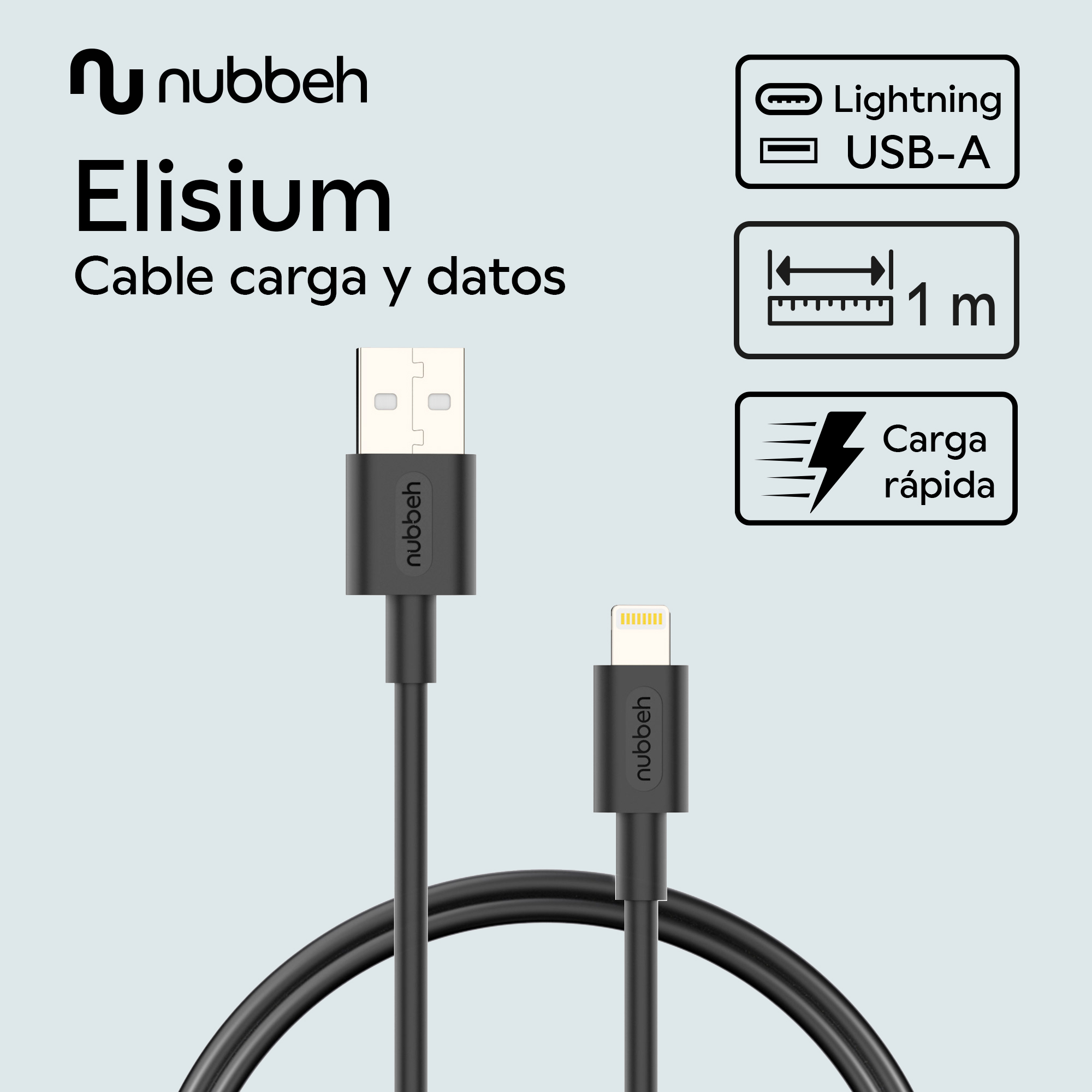 Cable USB a Lightning negro con texto sobre características.