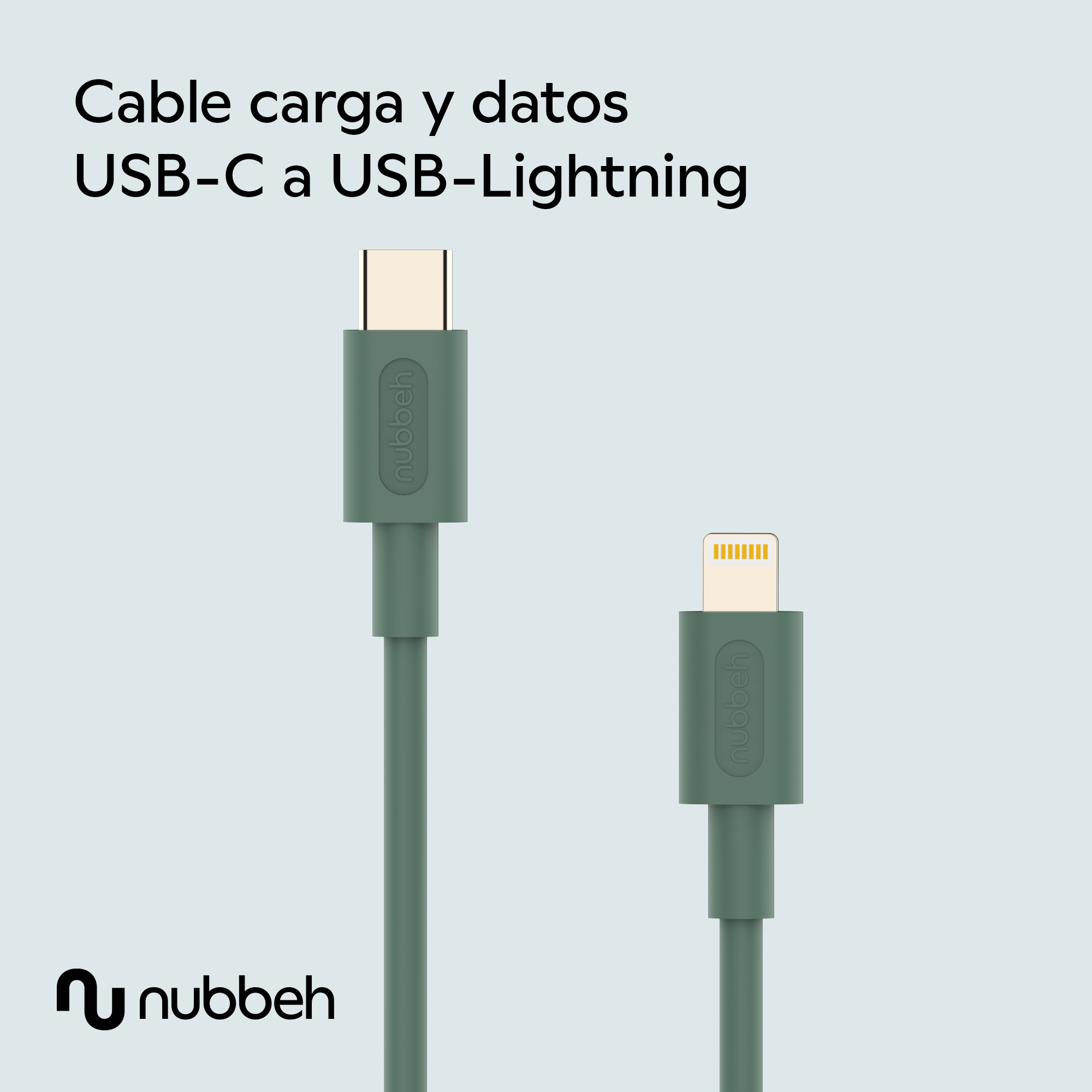 Cable verde USB-C a USB-Lightning, fondo blanco, info producto.