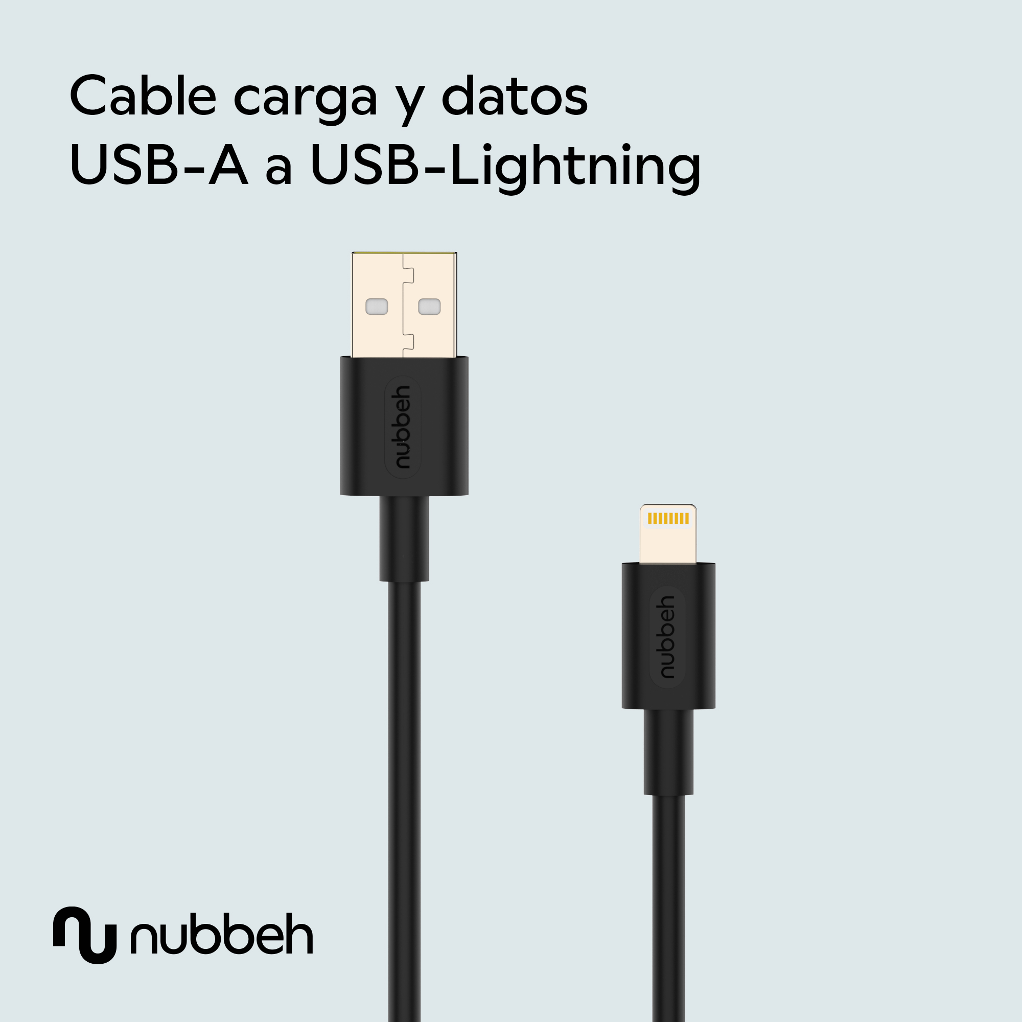Dos cables USB negros, uno USB-A a un conector USB-Lightning. Texto: Cable de carga y datos.
