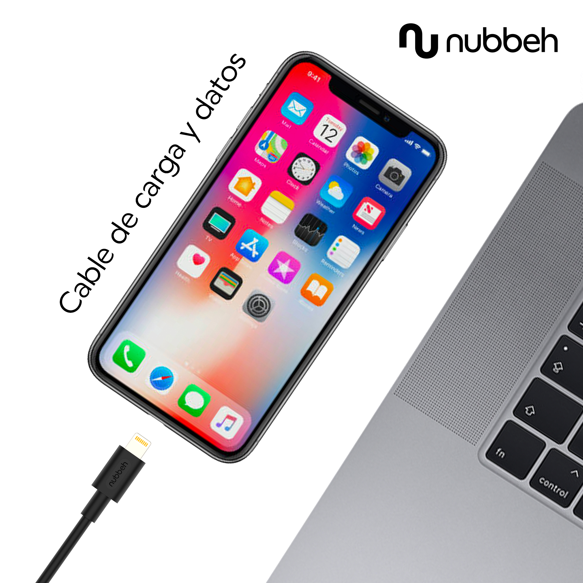 Un teléfono inteligente está conectado a una computadora portátil con un cable de carga. Muestra iconos.