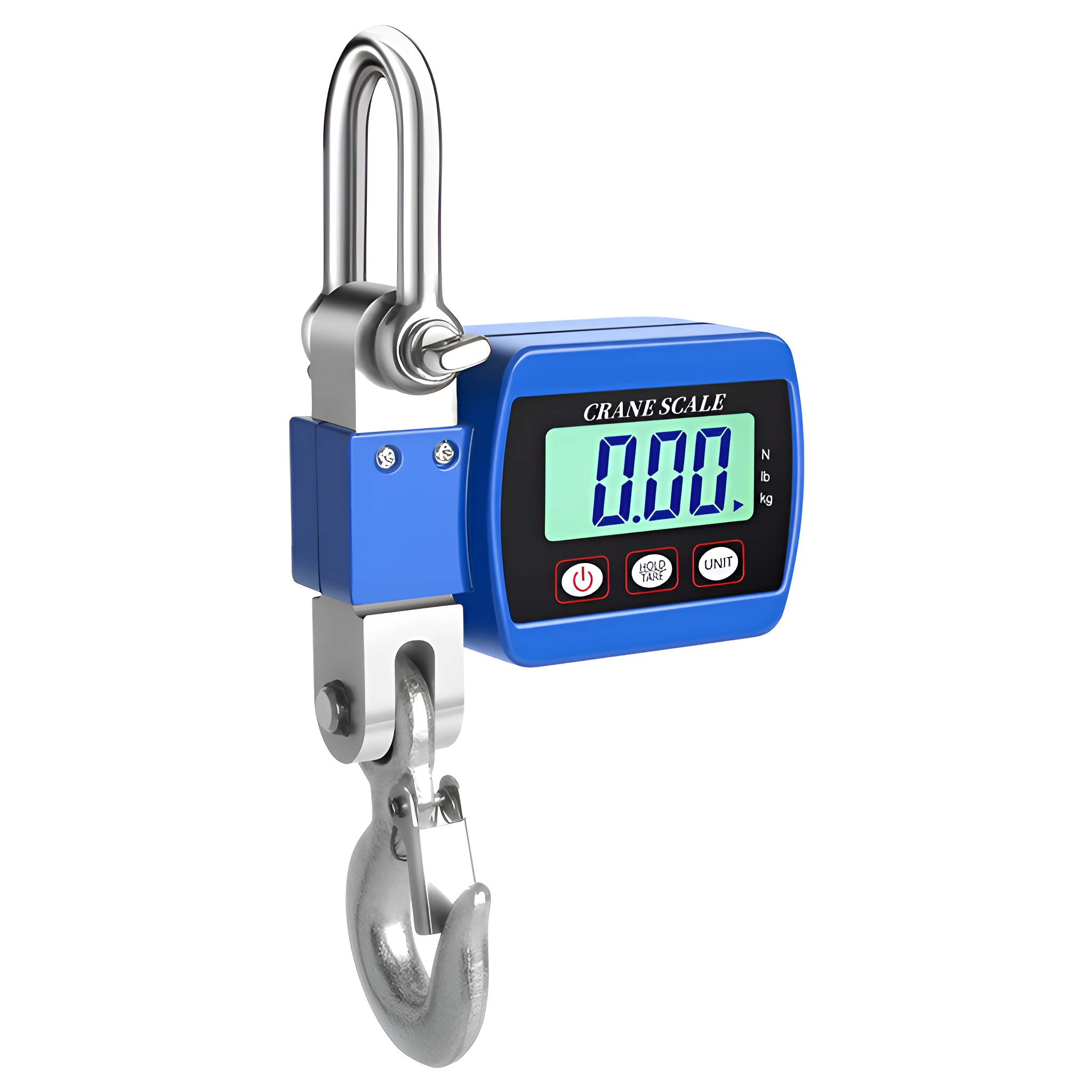 Blaue digitale Kranwaage mit Haken und Digitalanzeige mit 0,00.
