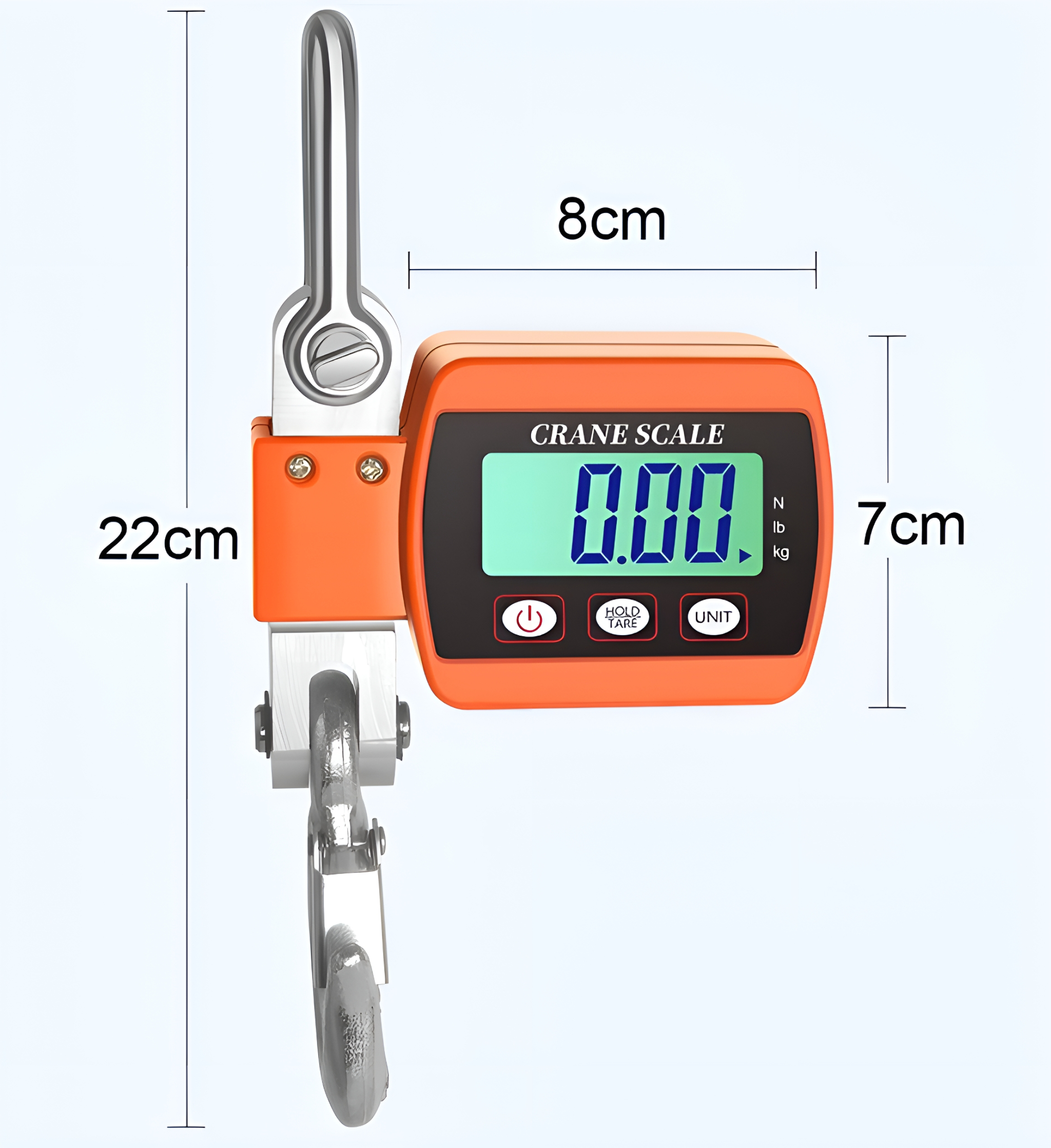Orangene Kranwaage mit Messungen in cm und Zoll, einem Haken und einer Digitalanzeige.