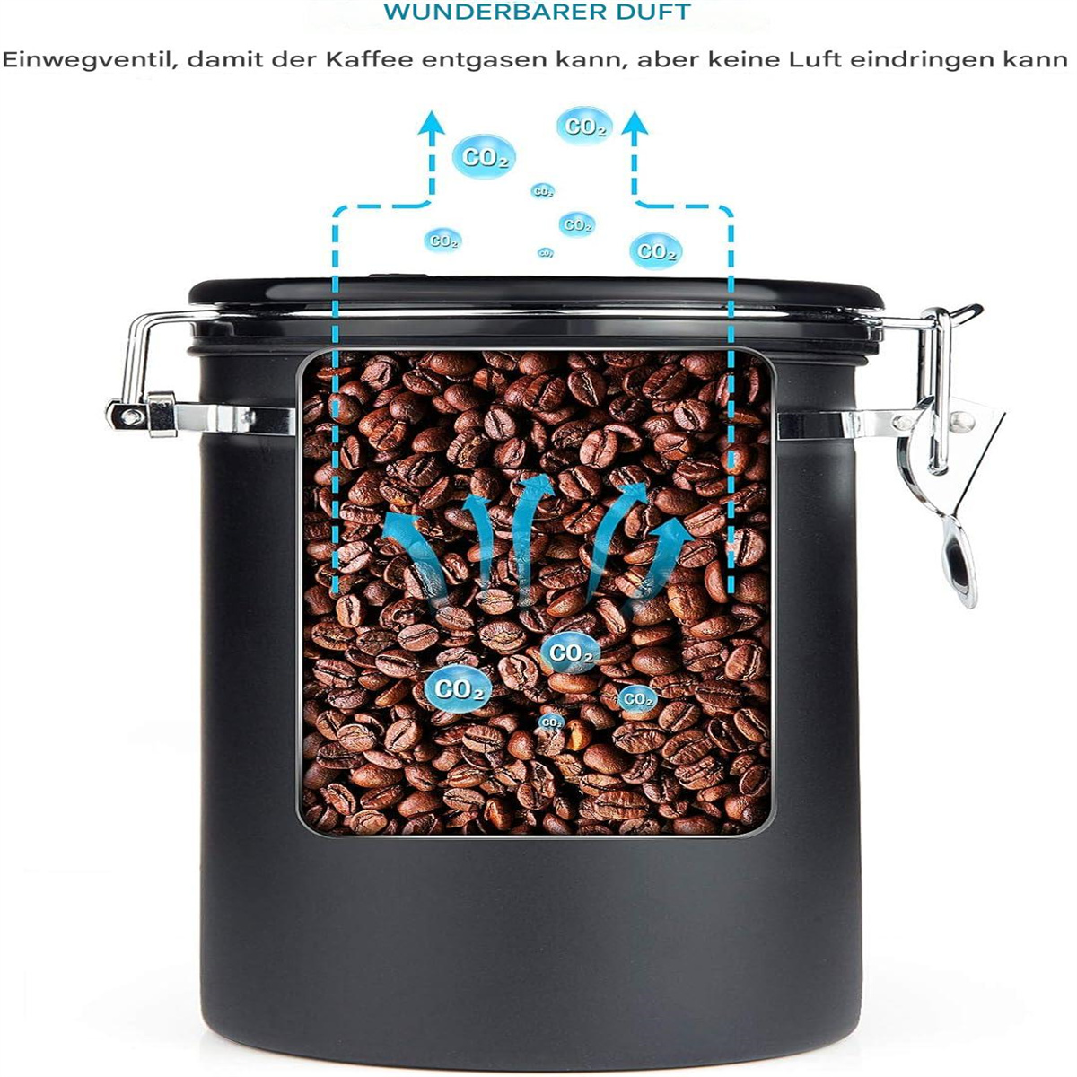 Kaffeebohnen in einem schwarzen Behälter, mit Pfeilen, die die CO2-Freisetzung anzeigen. Text auf Deutsch.