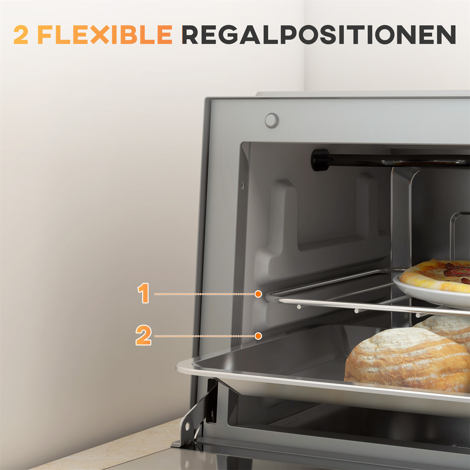 Innenaufnahme eines Ofens mit zwei Rostpositionen. Pizza und Brot sind auf den Rosten sichtbar.