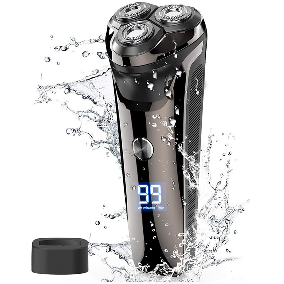 Schwarzer Elektrorasierer mit drei rotierenden Köpfen, Wasserspritzern und Ladestation.
