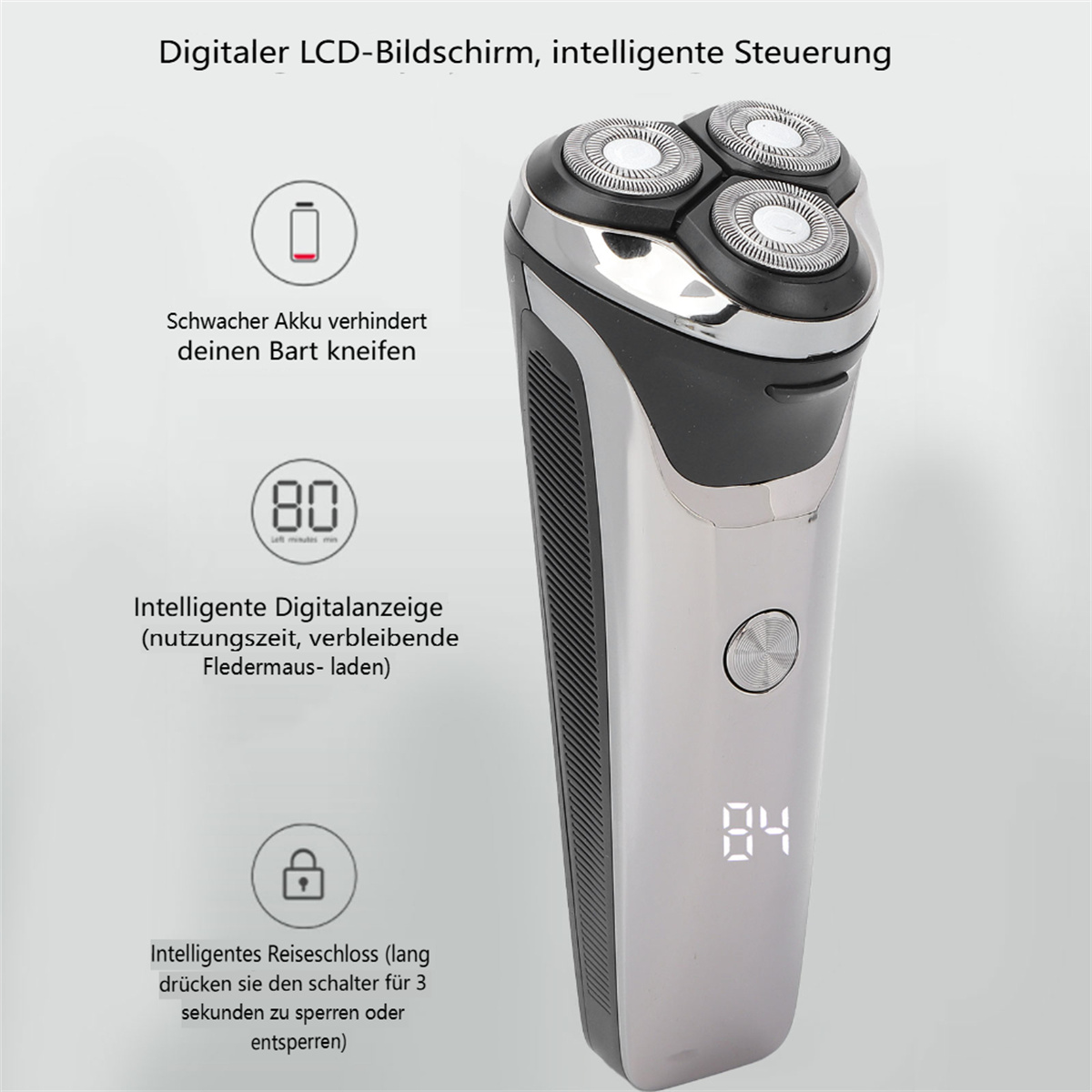 Silberner Elektrorasierer mit Anzeige von Zahlen und Symbolen.