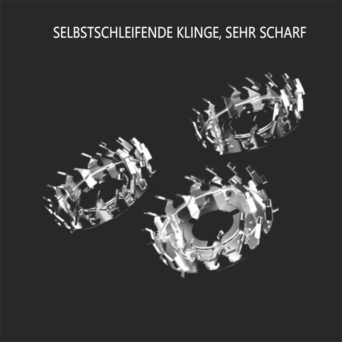 Drei silberne Rasierklingen mit dem Text 'SELBSTSCHÄRFENDE KLINGE, SEHR SCHARF'.