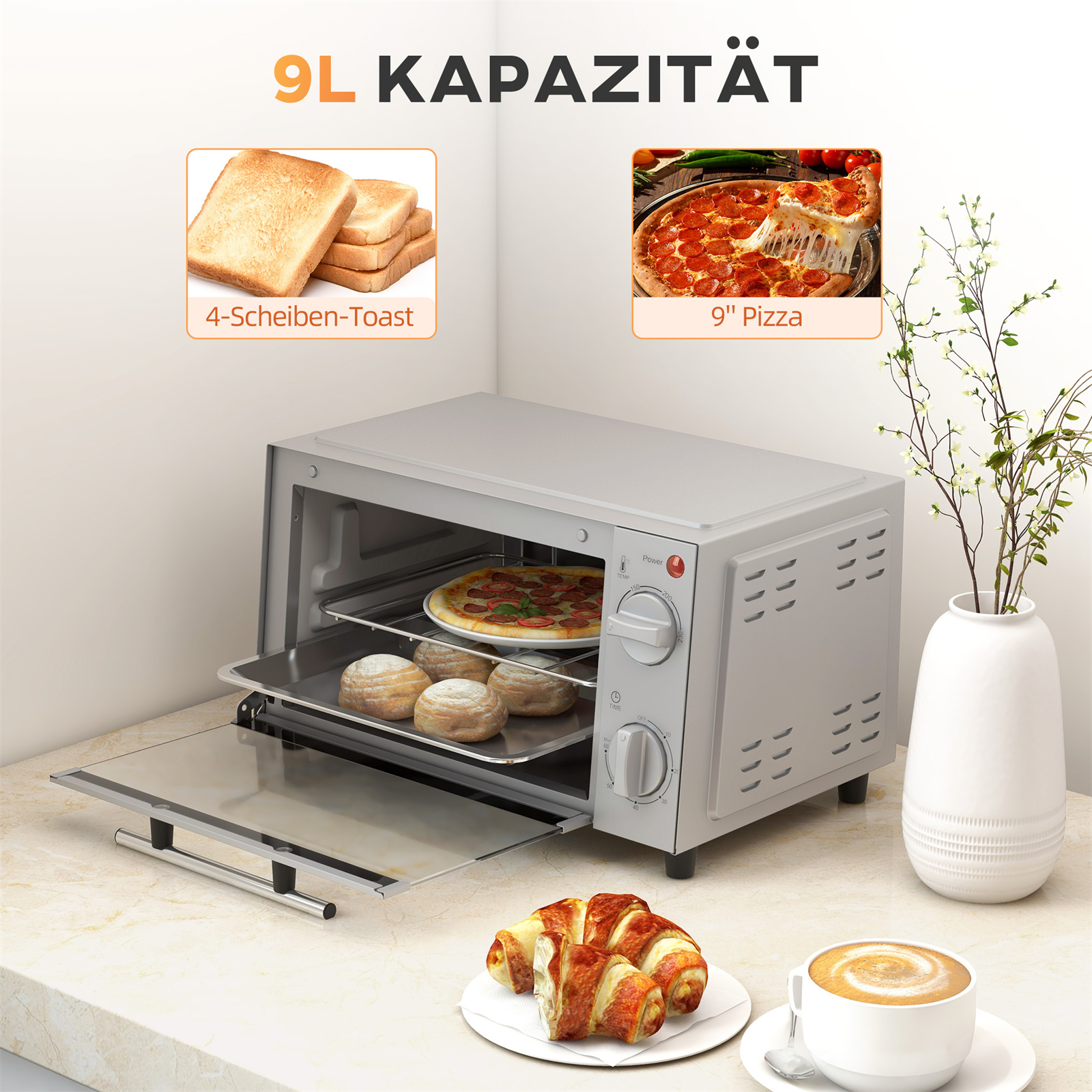 Silberner Toaster-Ofen mit Toast, Pizza, Croissants und Kaffee. 9L Fassungsvermögen ist oben beschriftet.