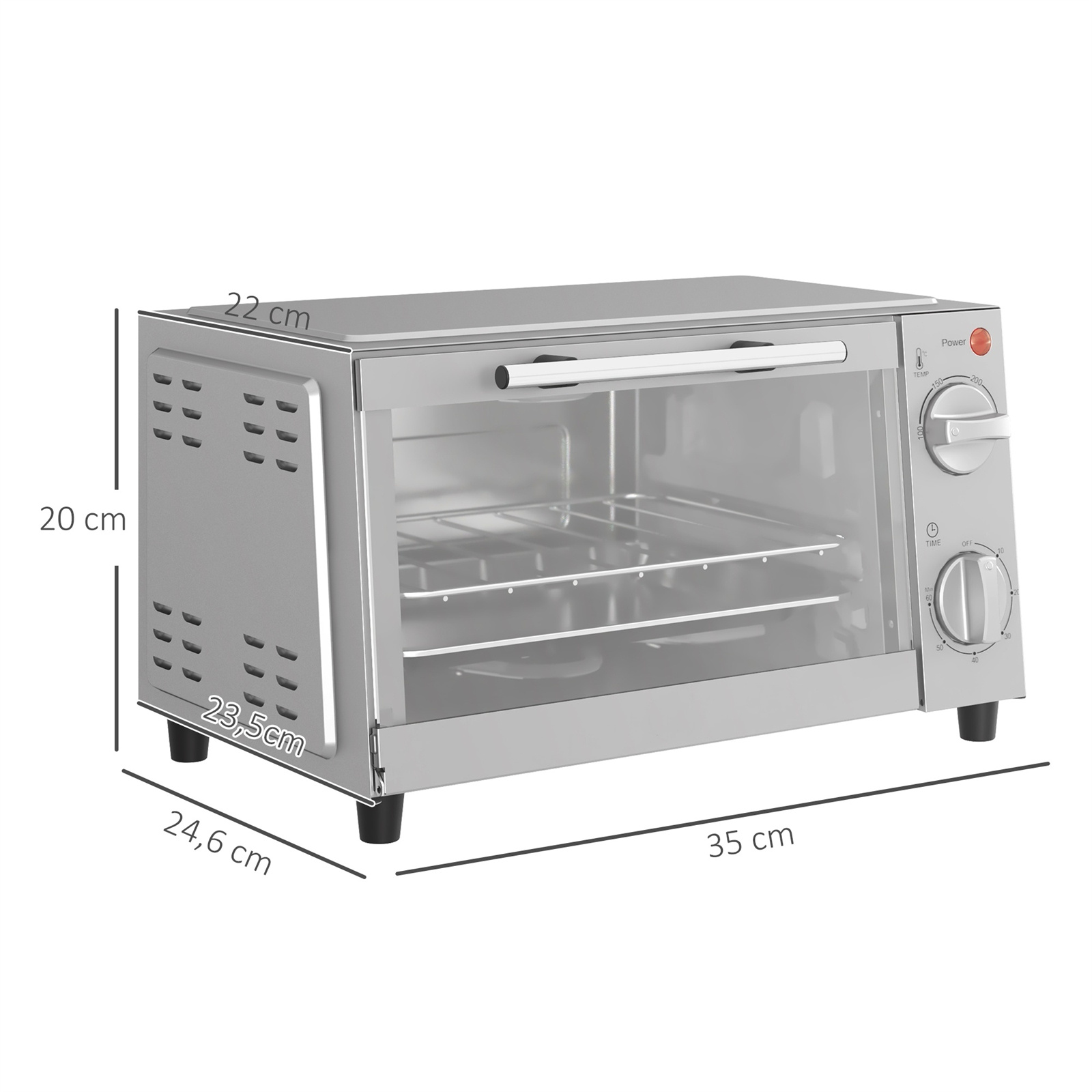 Silberner Toaster mit markierten Abmessungen. Er hat eine Glastür und Bedienknöpfe rechts.
