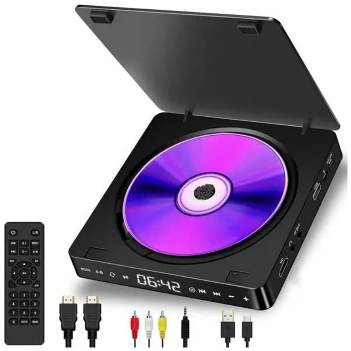 Schwarzer tragbarer DVD-Player mit Fernbedienung, Kabeln und CD.