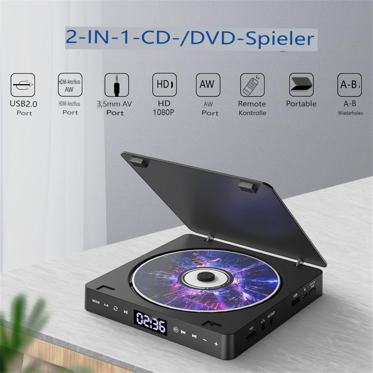 Ein schwarzer CD/DVD-Player mit geöffneter Tür, die die Disc zeigt. Enthält Anschlüsse und Funktionssymbole.