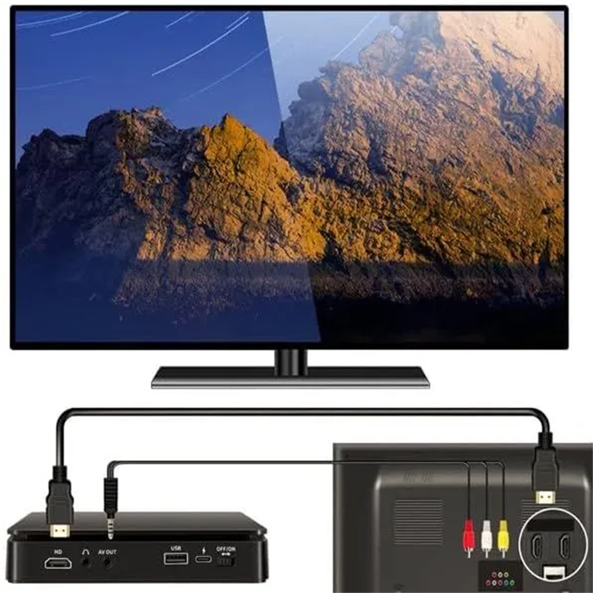 TV-Bildschirm mit Berglandschaft, verbunden mit einer Set-Top-Box mit Kabeln.