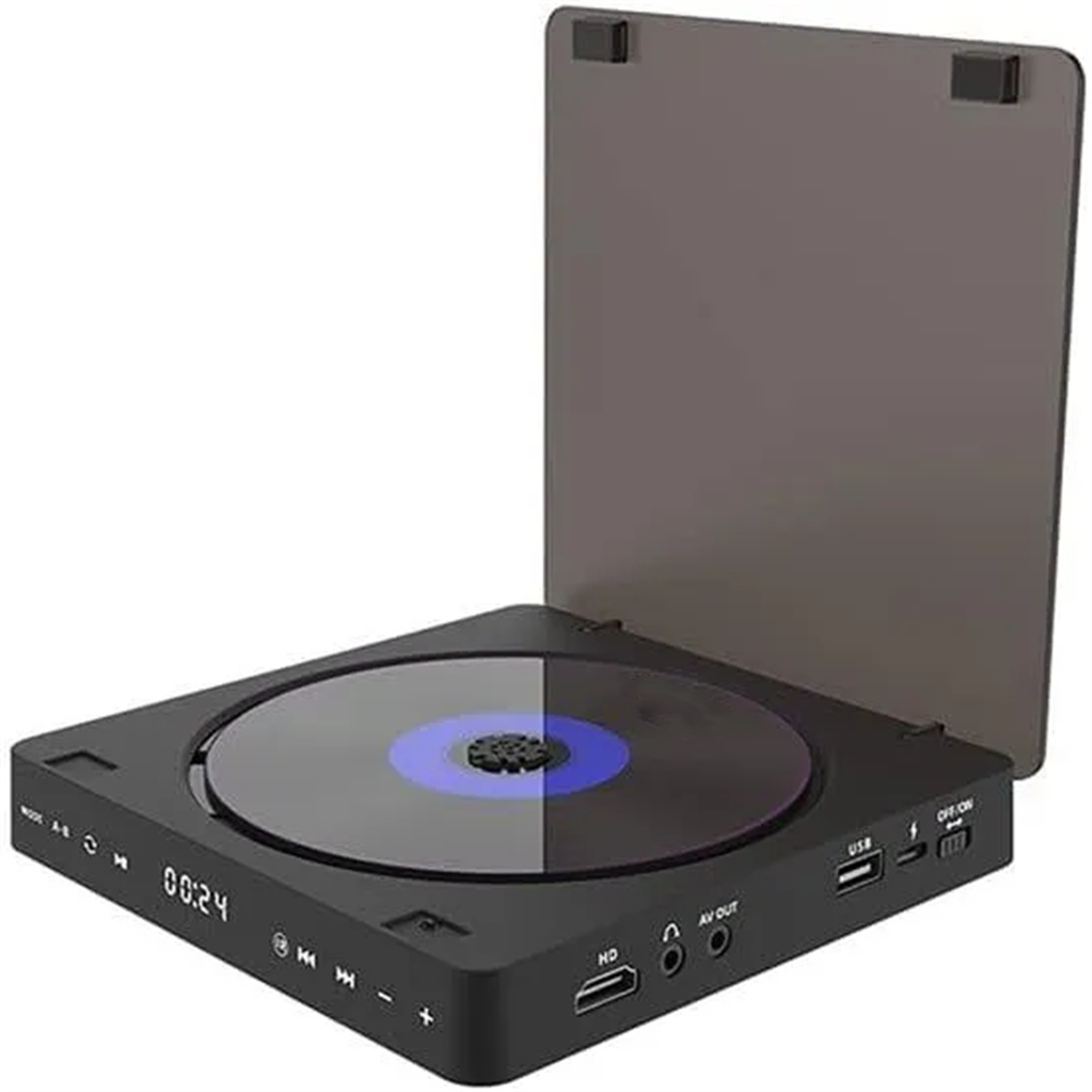 Schwarzer tragbarer CD-Player mit einer blauen CD. Der Deckel ist offen. Verschiedene Tasten und Anschlüsse sind sichtbar.
