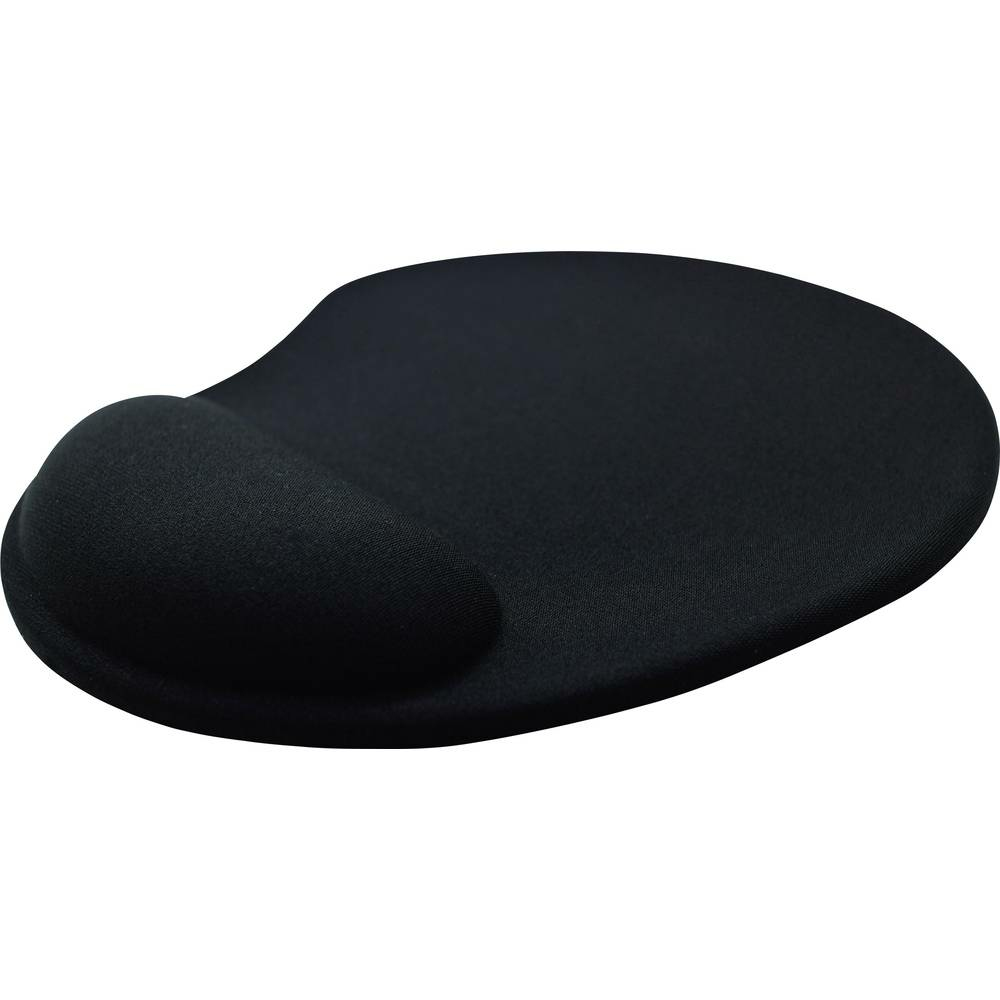 Schwarzes ergonomisches Mauspads mit Handgelenkauflage, auf weißem Hintergrund.