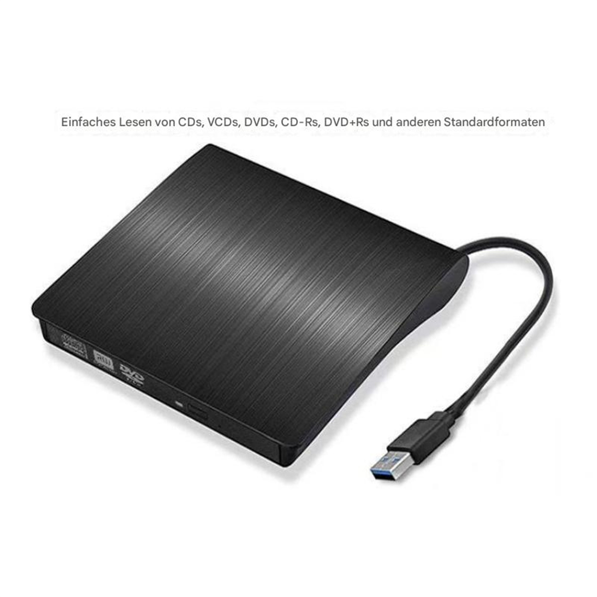 Schwarzes externes CD/DVD-Laufwerk mit USB-Kabel. Schräge Ansicht auf weißer Oberfläche.
