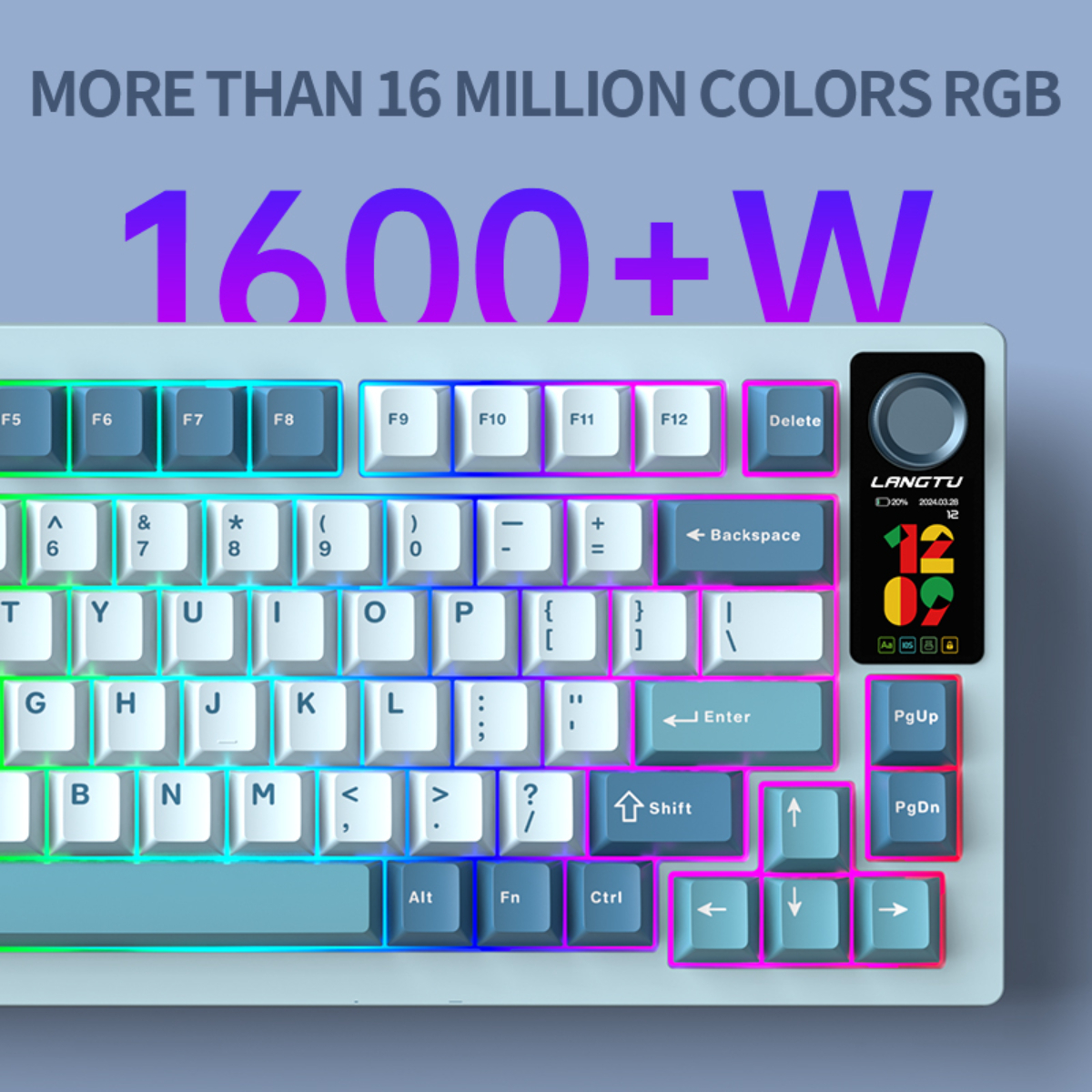Tastatur mit über 16 Millionen Farben, 1600+W und verschiedenen Tasten in unterschiedlichen Farben.