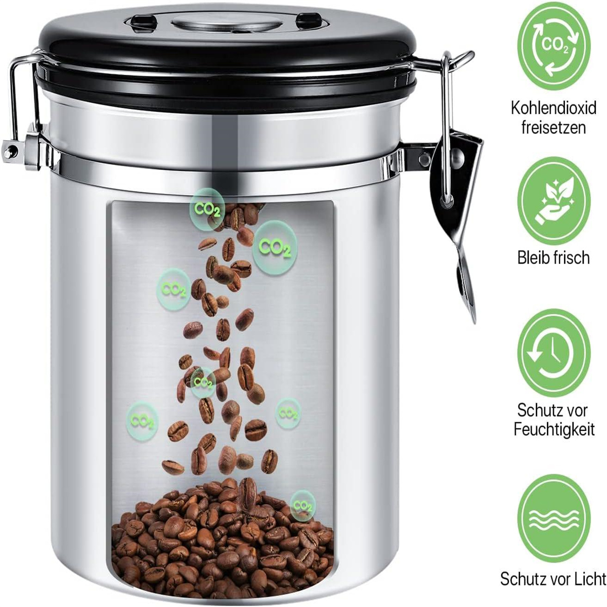 Kaffeebehälter aus Edelstahl mit Kaffeebohnen, Illustrationen und schwarzem Deckel.