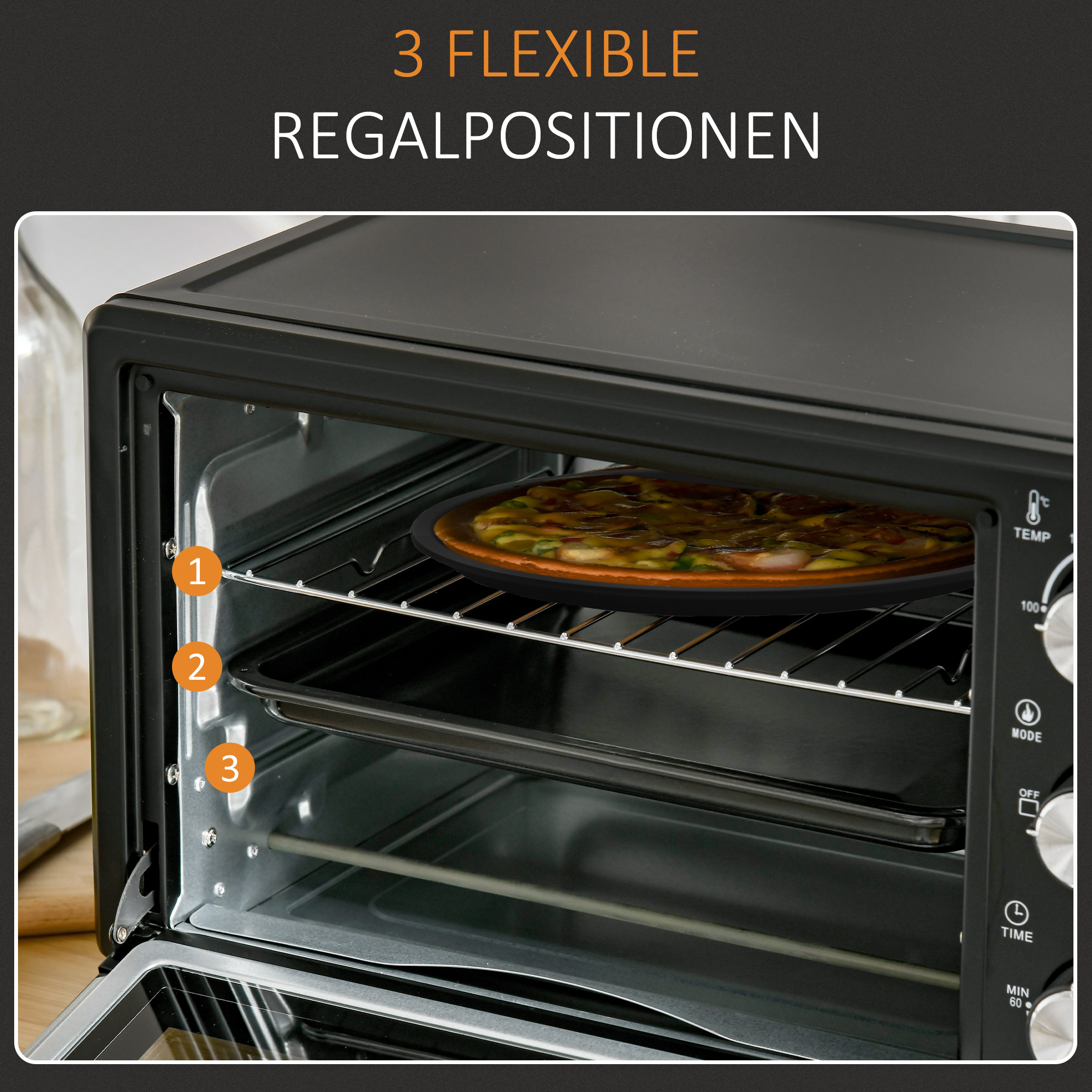 Ein offener schwarzer Ofen mit einer Pizza darin und Text, der flexible Ablagepositionen angibt.