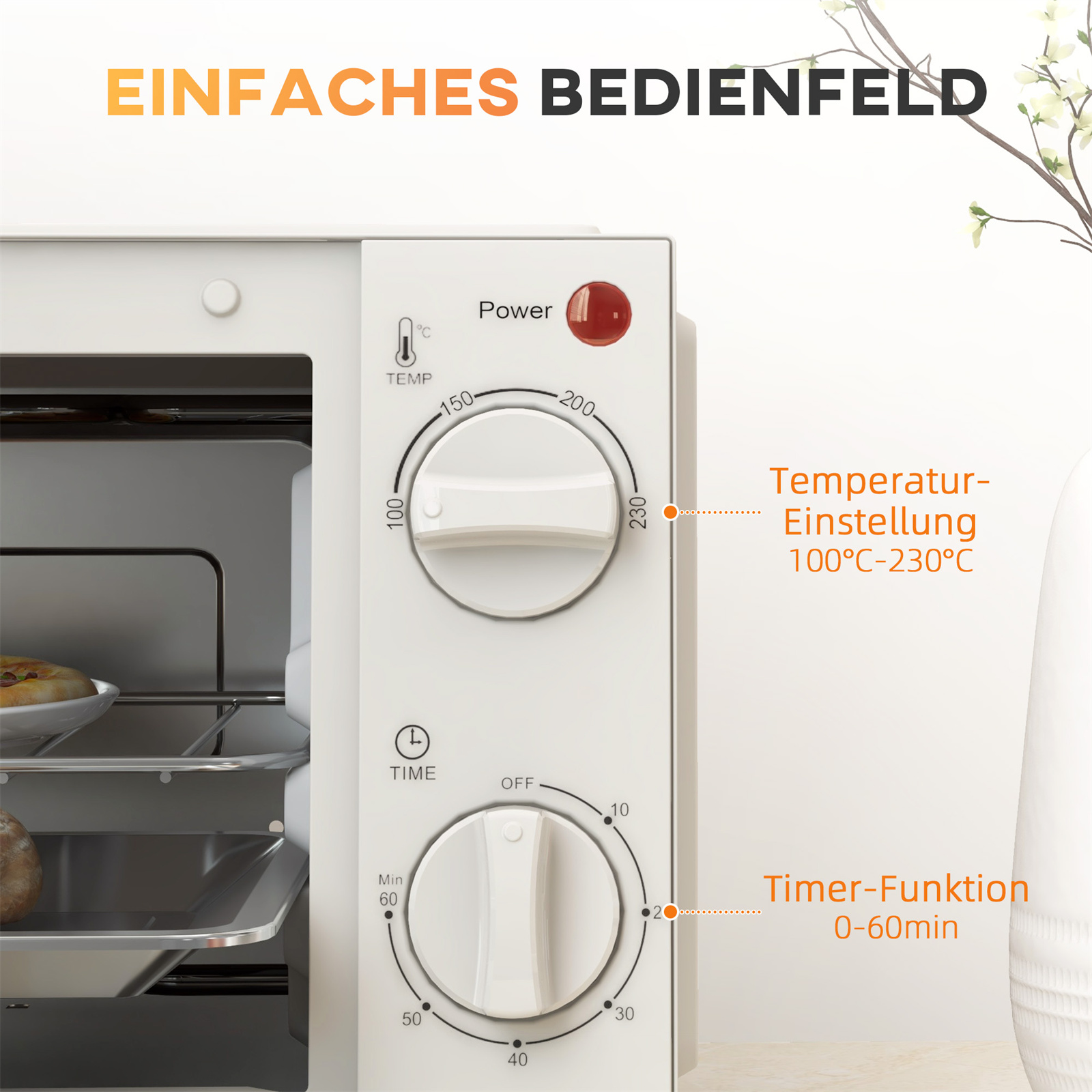 Nahaufnahme eines Ofenbedienfelds mit Temperatur- und Timereinstellungen.