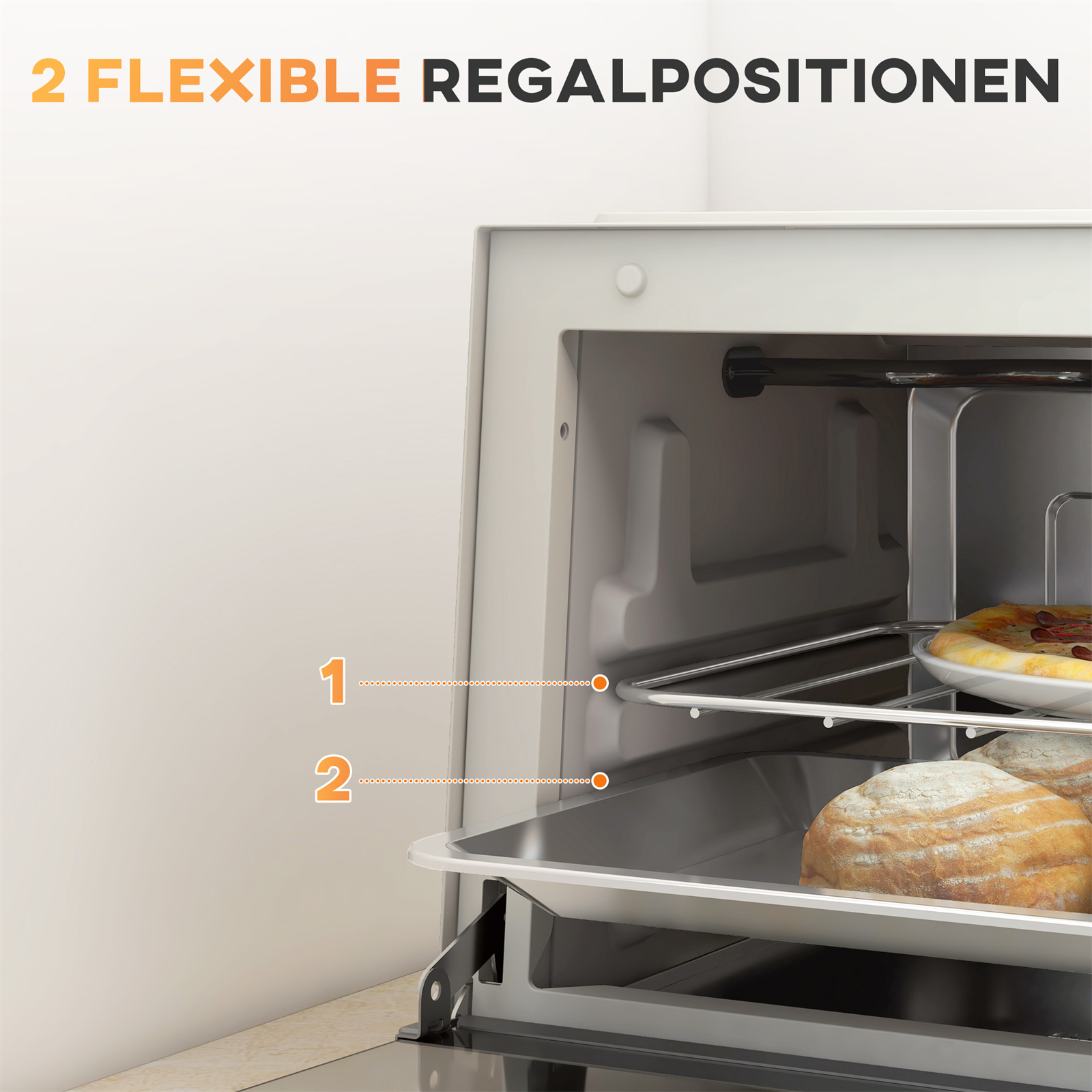 Nahaufnahme des Ofeninneren. Zwei Pizzen sind drin, und Brot auf dem unteren Rost.
