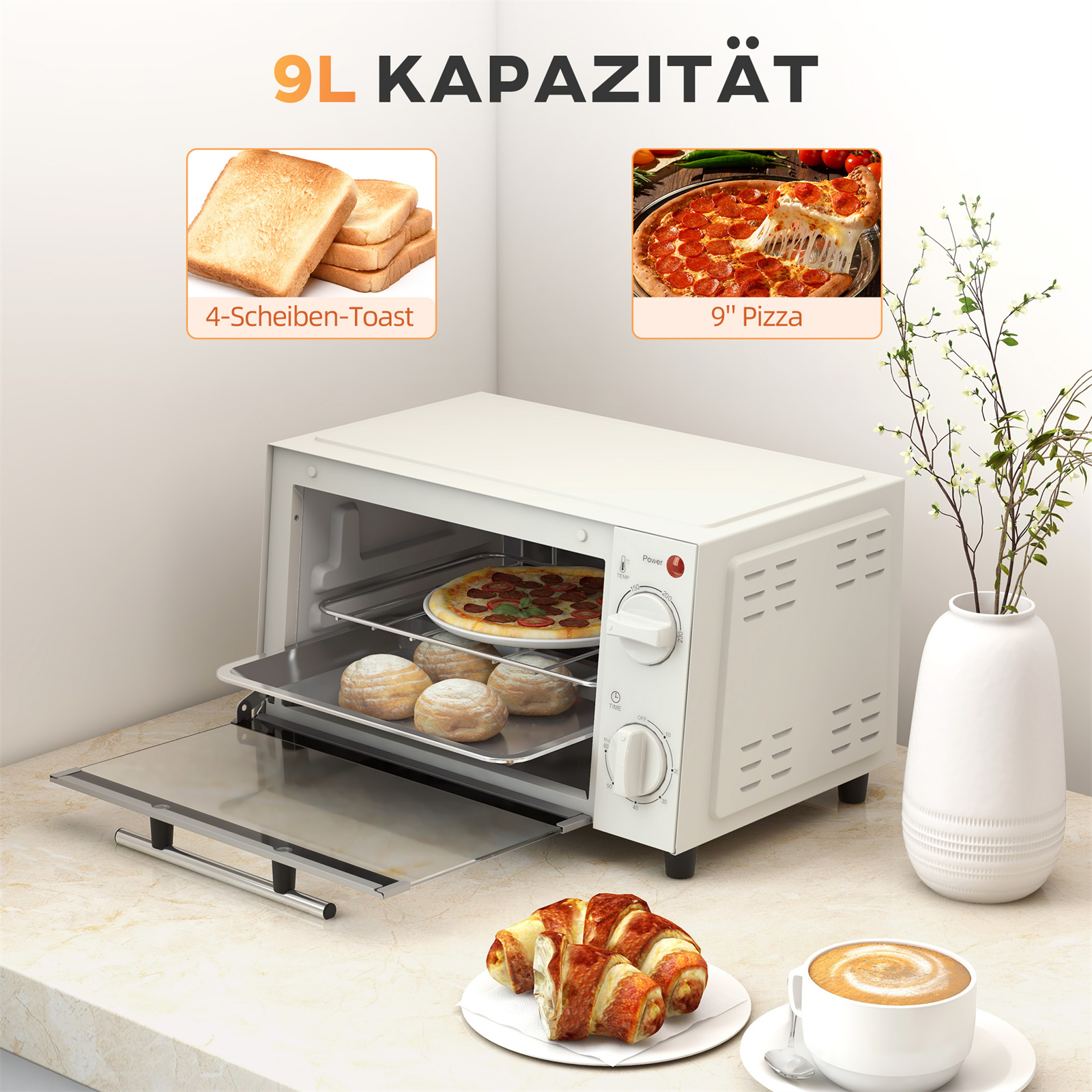 Weißer Ofen mit Essen drin und auf einem Tisch. Text: 9L KAPAZITÄT.