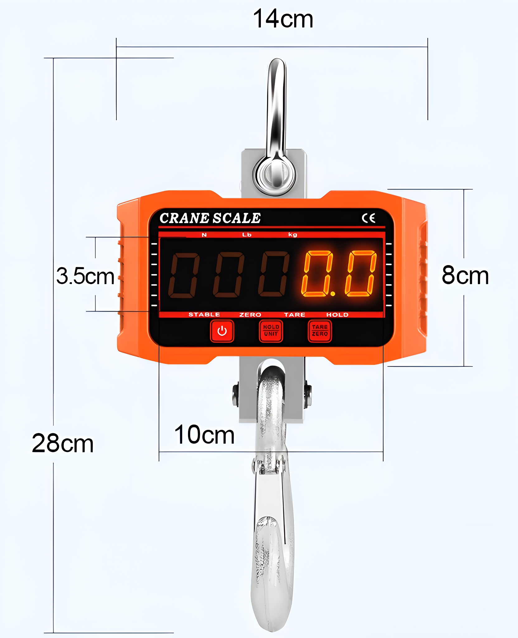 Orange Kranwaage mit Messungen, Messhaken und digitaler Anzeige mit Zahlen.