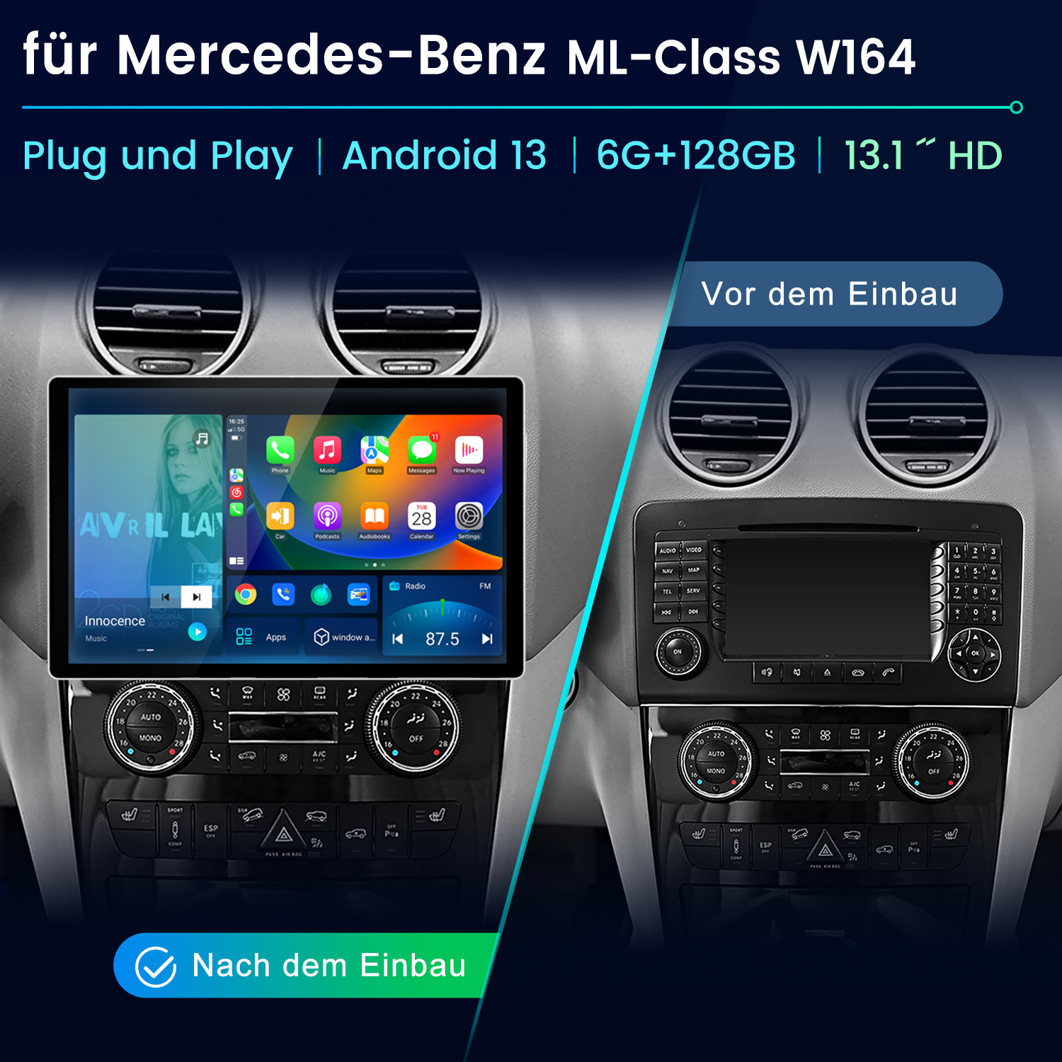 Ein Auto-Multimedia-System, vor und nach der Installation. Der Bildschirm zeigt eine Benutzeroberfläche mit Musik und Apps.