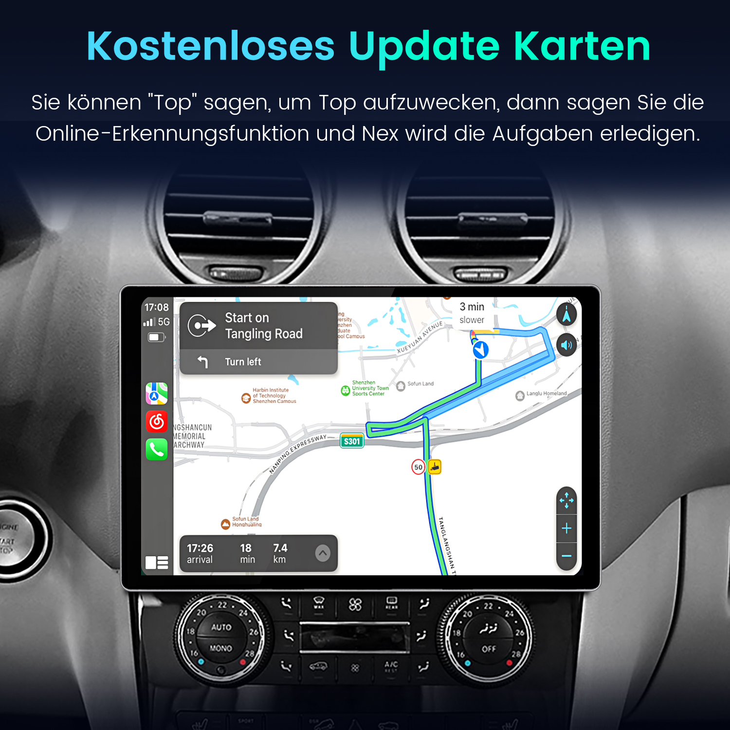 Armaturenbrett mit Navigation im Display. Text: Kostenlose Update-Karten. Karte mit Route, Ankunftszeit und Ziel.