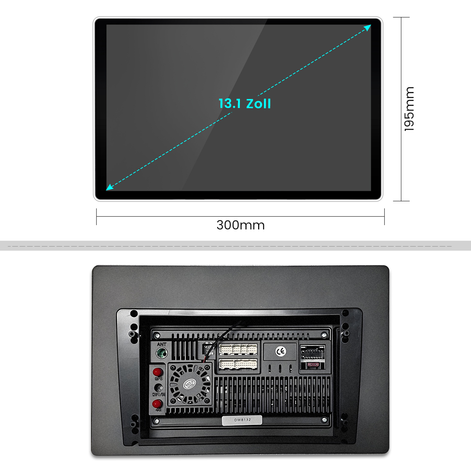 Schwarzer Bildschirm mit einer Abmessung von 300 mm, der ein Auto-Multimedia-System zeigt. Text: 13,1 Zoll.