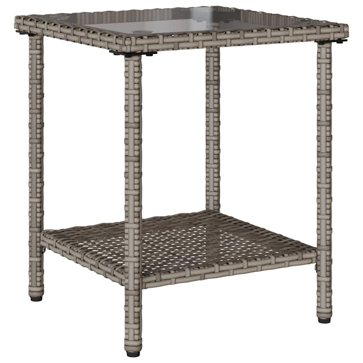 Quadratischer Korbtisch mit Glasplatte und einem zweiten Regal darunter.
