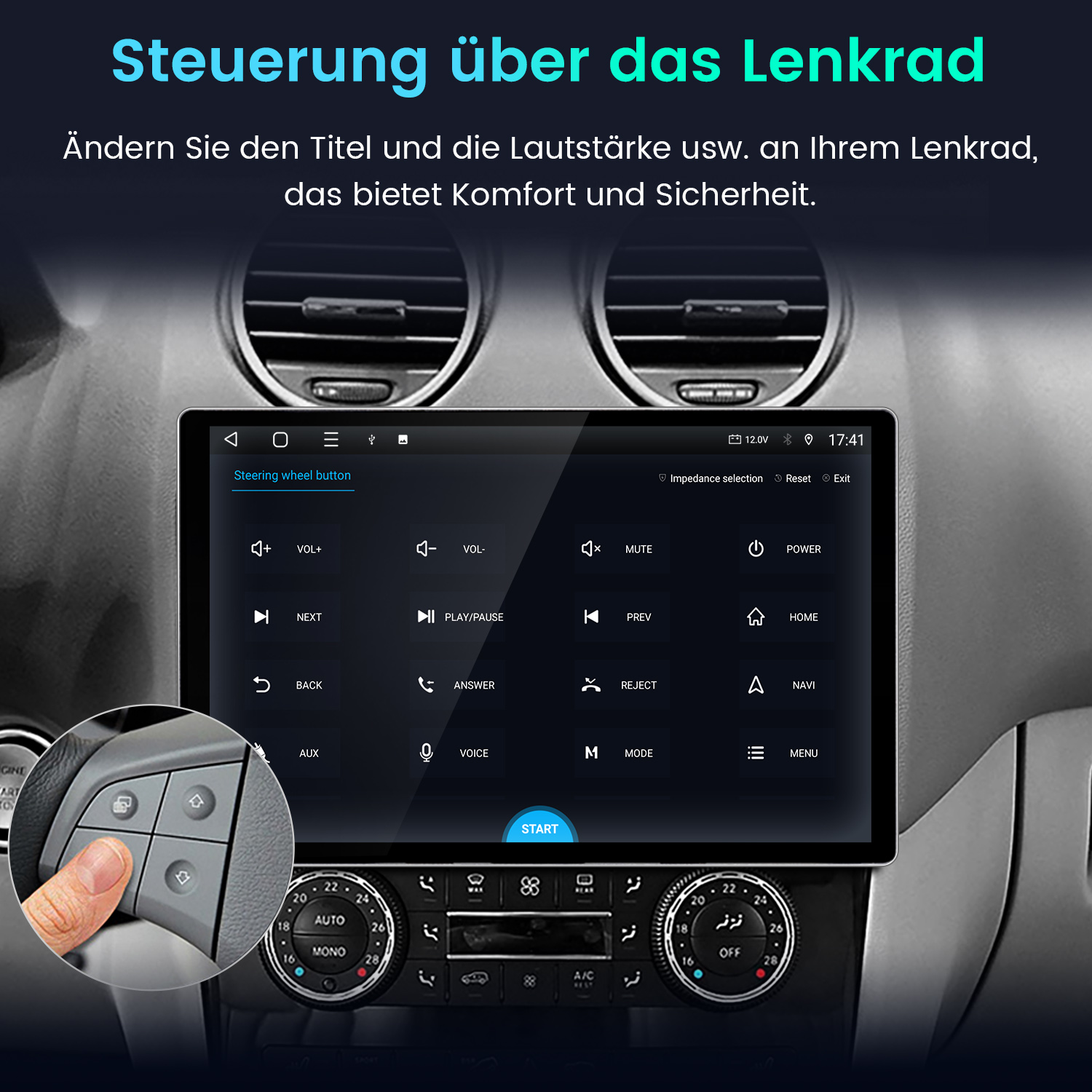 Armaturenbrett mit Touchscreen und Knöpfen. Text auf Deutsch: Lenkradsteuerung