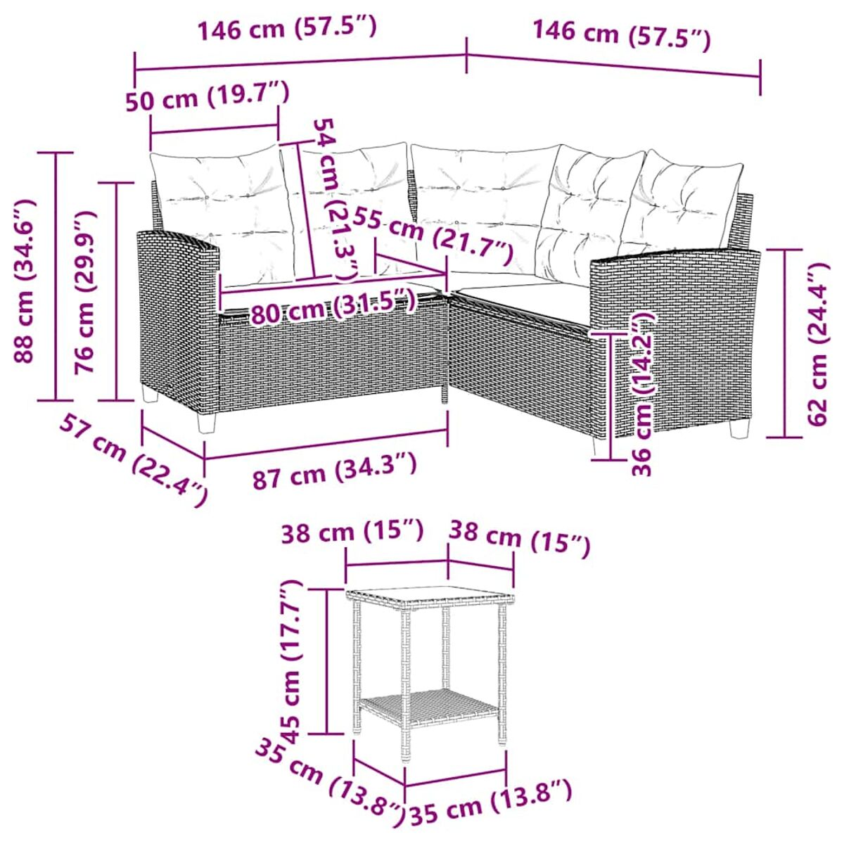 Diagramma di un divano in vimini a forma di L con dimensioni in centimetri e pollici.