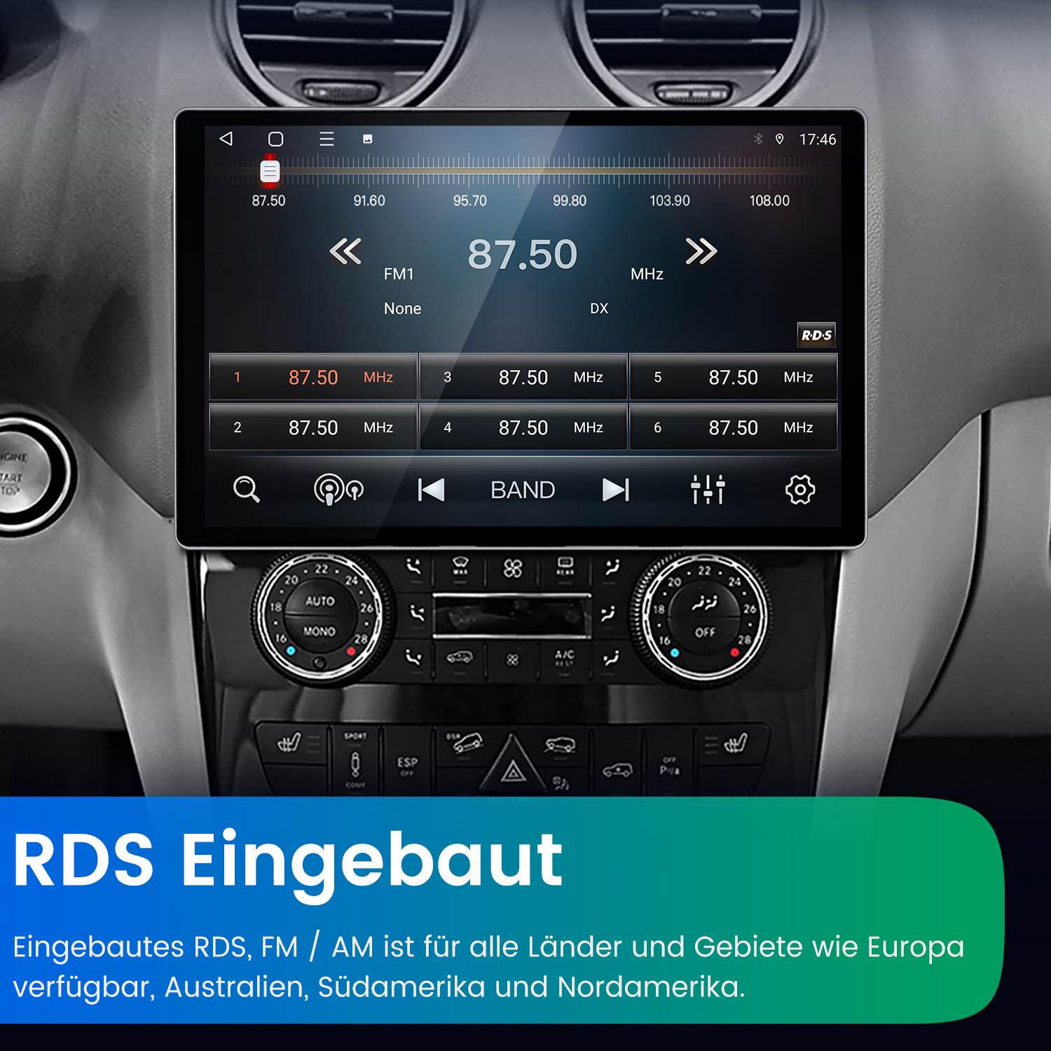 Auto-Infotainment-Systembildschirm, der FM-Radioinformationen mit aktiviertem RDS anzeigt, zeigt einen schwarzen Innenraum.
